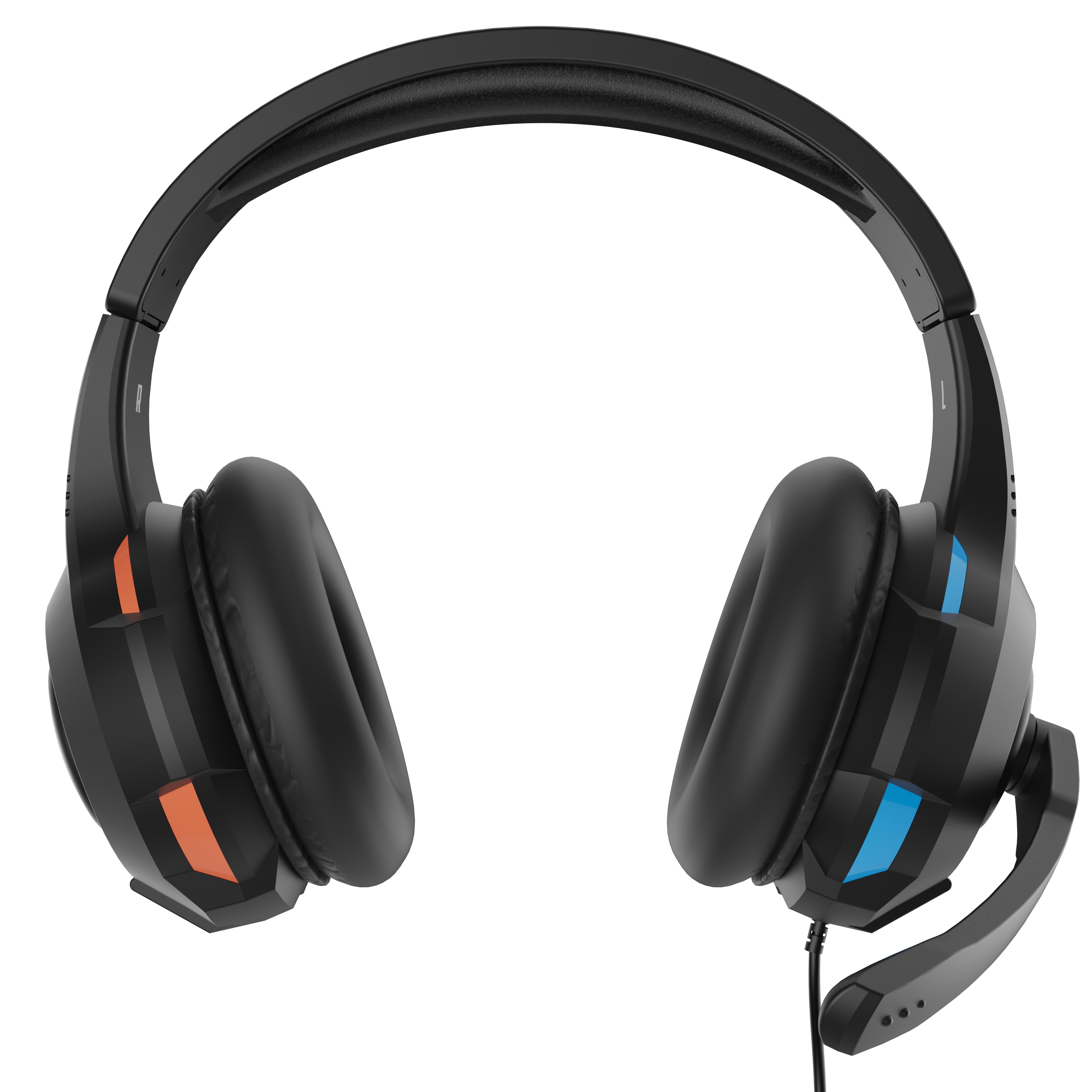 Zwarte gamingheadset met een microfoon. Heeft oranje en blauwe accenten op de oorschelpen en hoofdband.