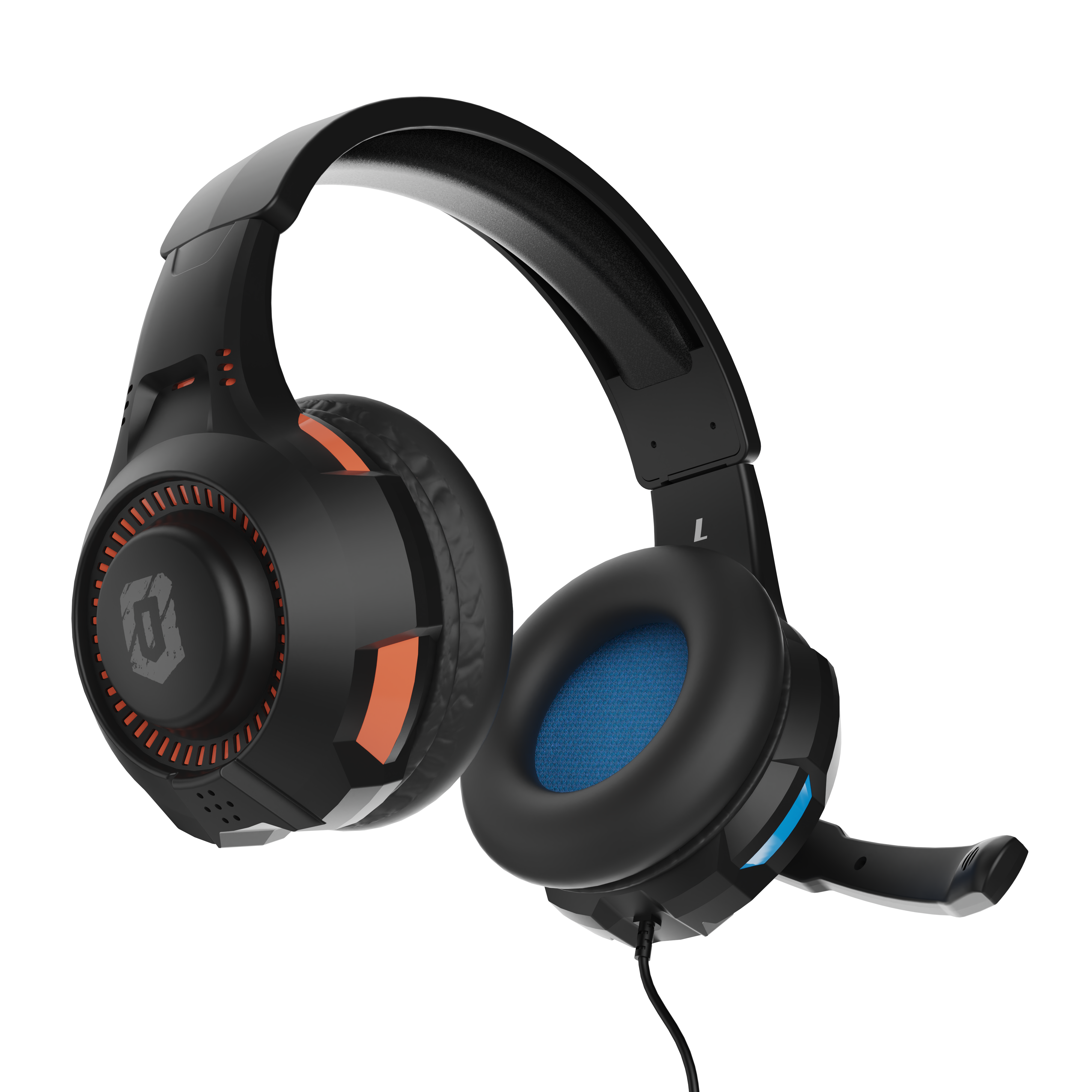 Zwarte gamingheadset met een microfoon. Heeft oranje accenten op de oorschelpen en blauwe accenten op de hoofdband.