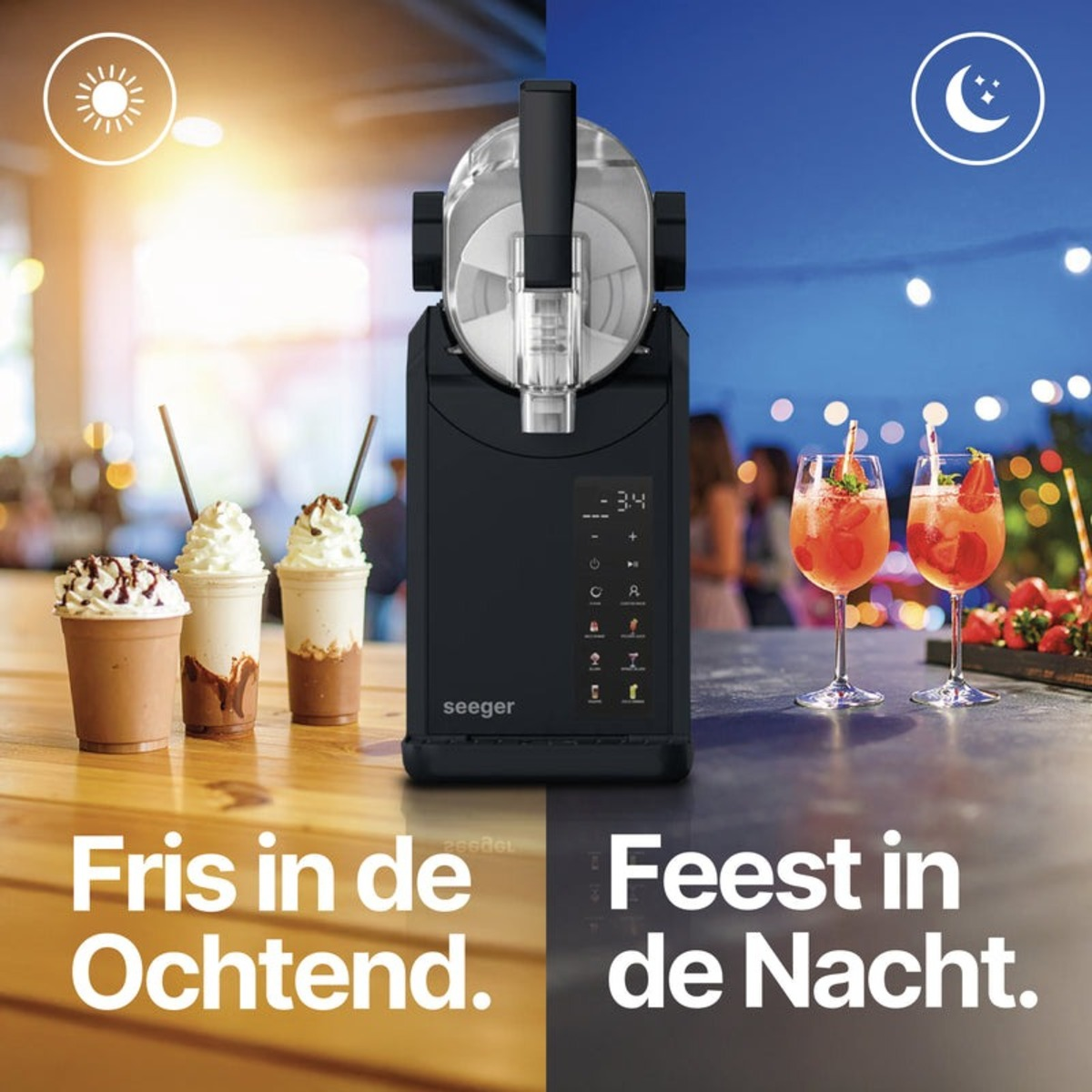 Slushy-Maschine mit zwei Seiten, eine für Tag und eine für Nacht. Getränke sind an den Seiten.