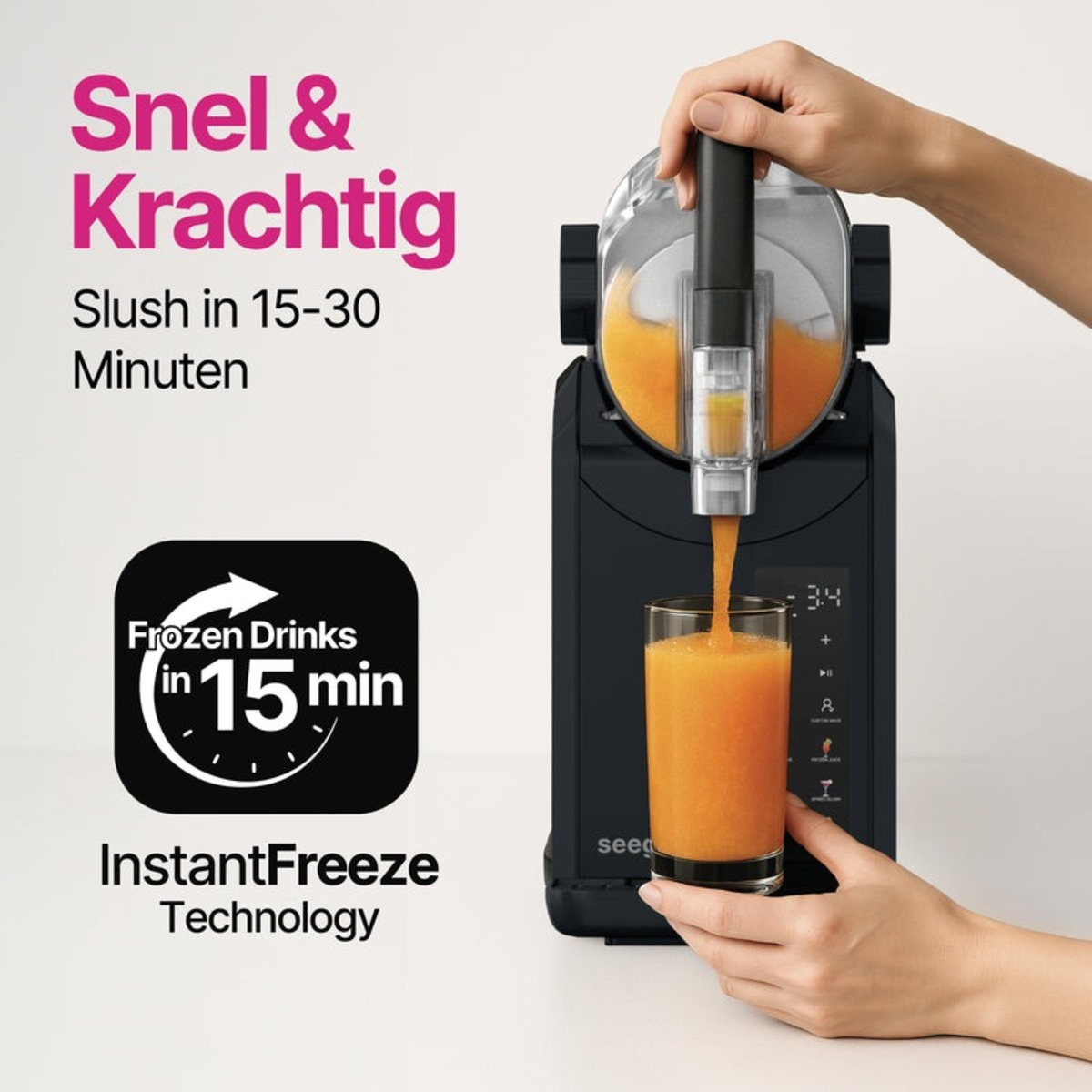 Eine schwarze Slush-Maschine gießt orangefarbenen Slush in ein Glas, mit Text über Sofortgefrieren.