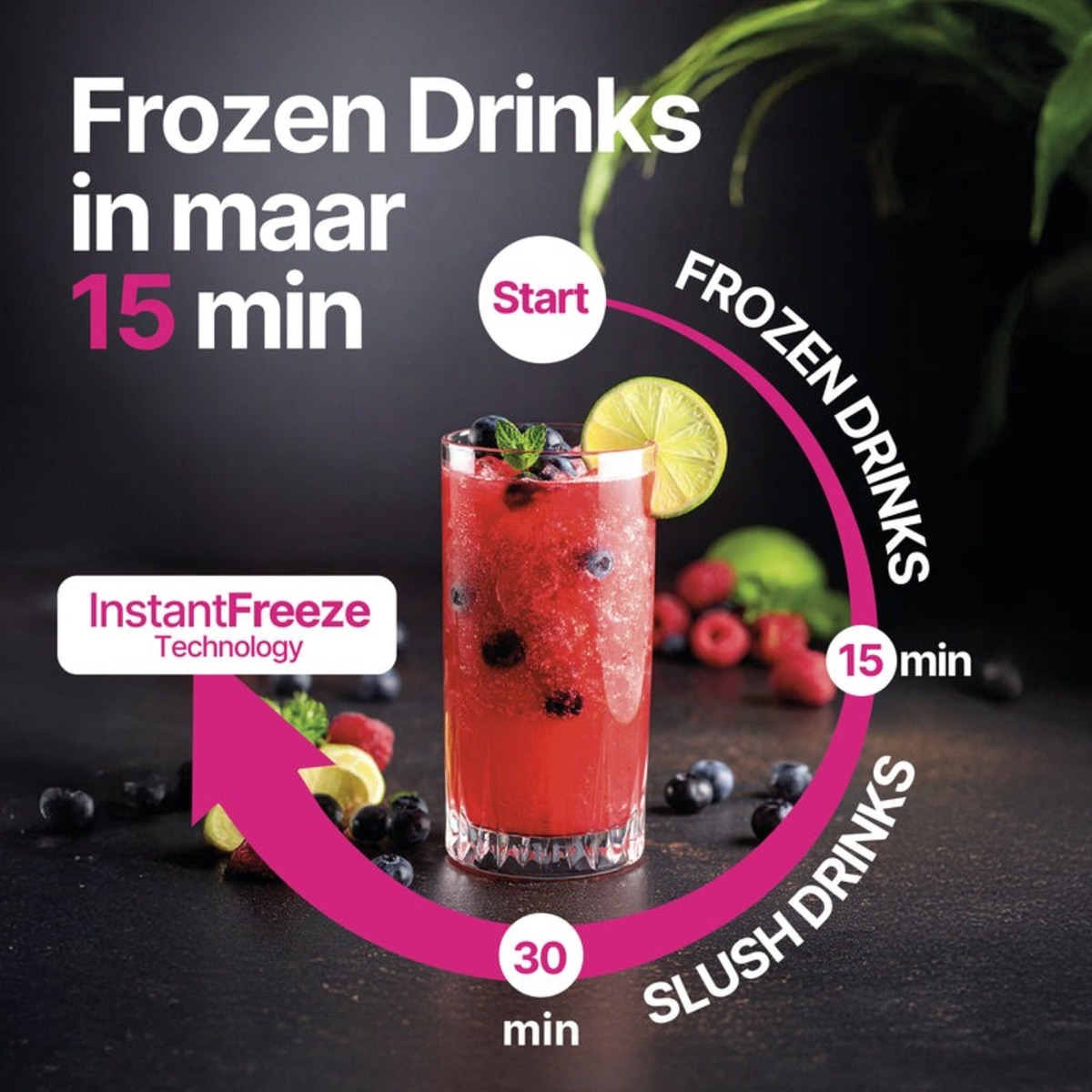 Glas roter Slushy mit Limette und Blaubeeren, Text sagt 'Frozen Drinks in 15 min.'