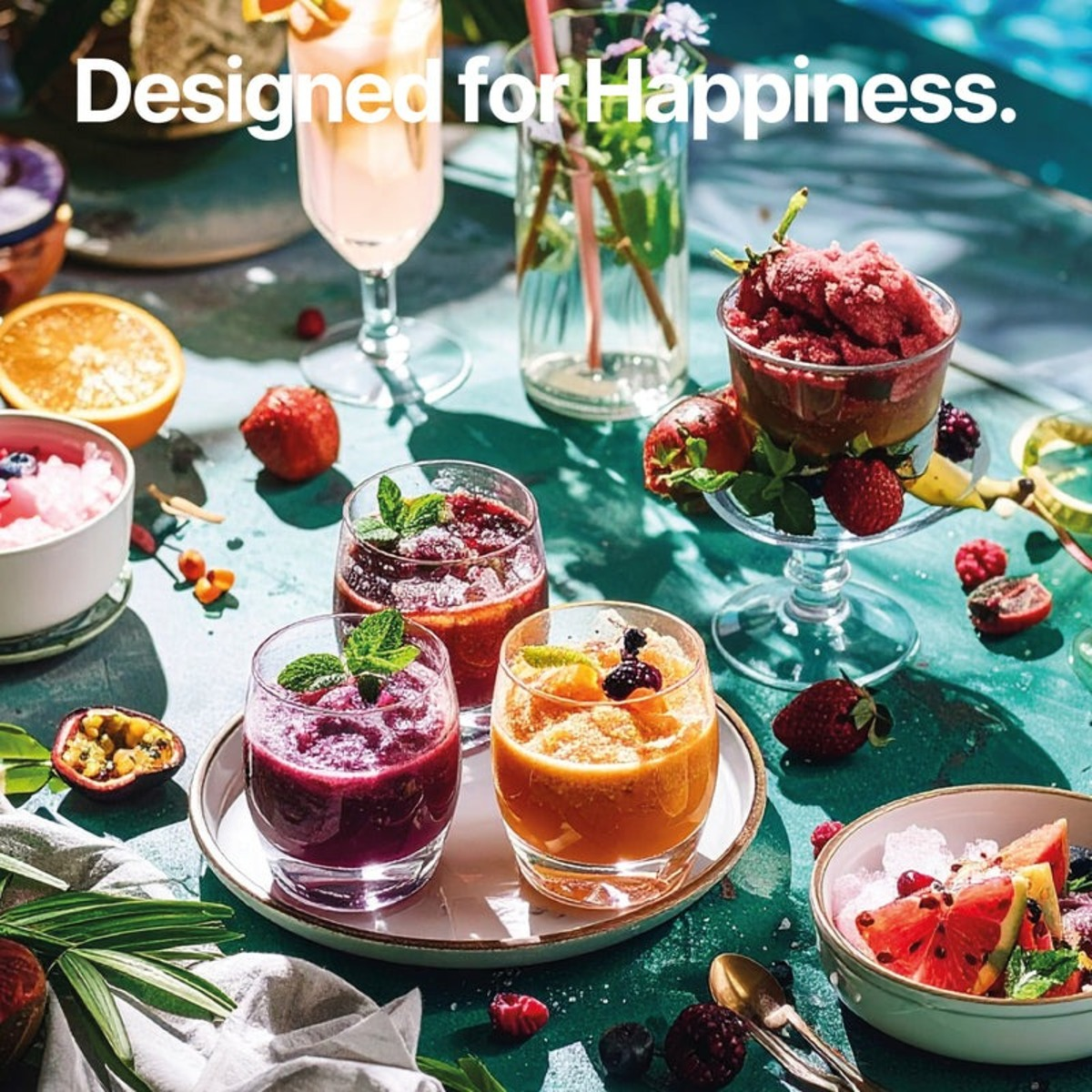Verschiedene bunte Getränke in Gläsern mit Früchten. Der Text 'Designed for Happiness' steht über den Gläsern.