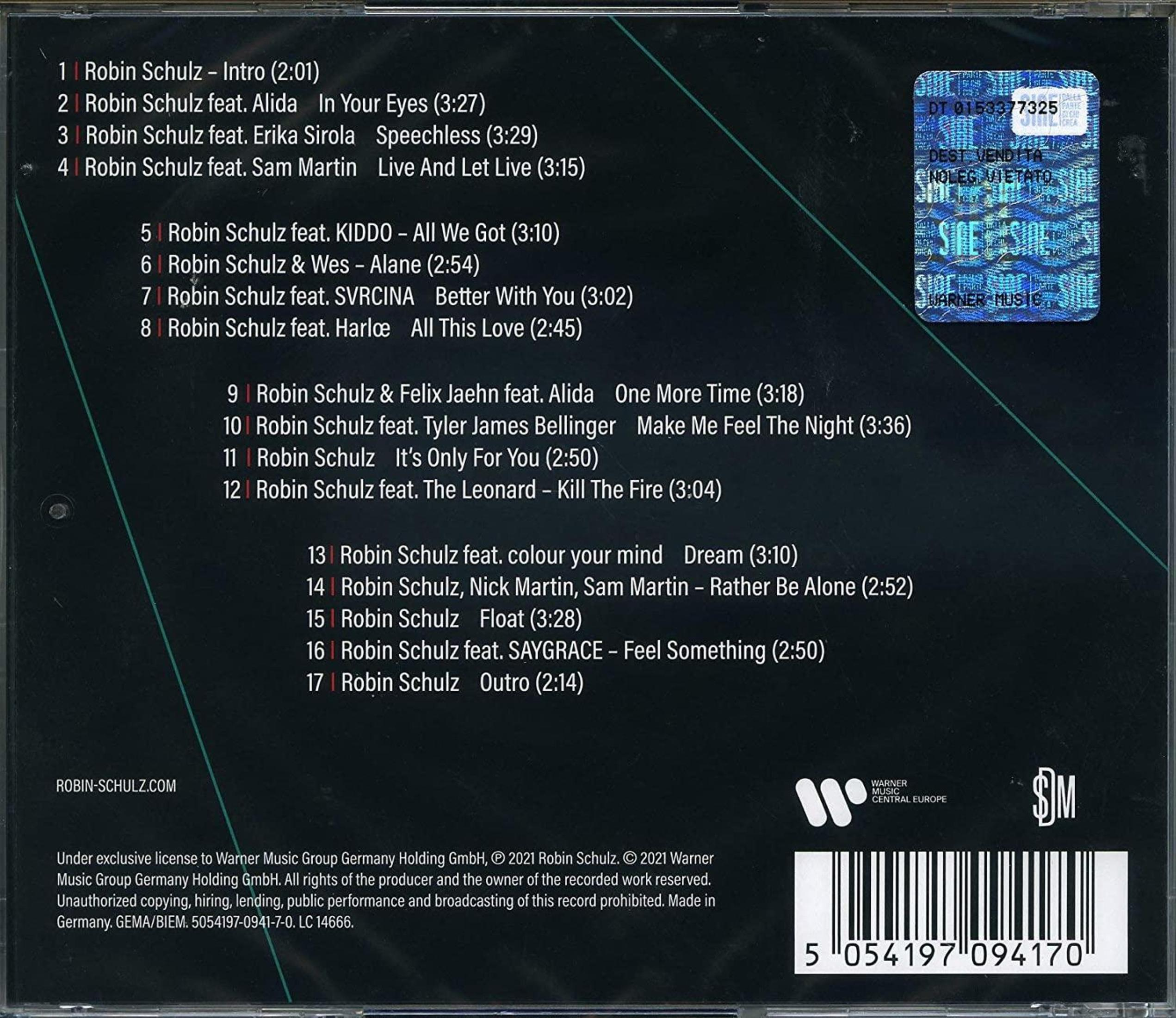 Tył etui na CD z listą utworów z albumu Robina Schulza, z nazwą i logo artysty.