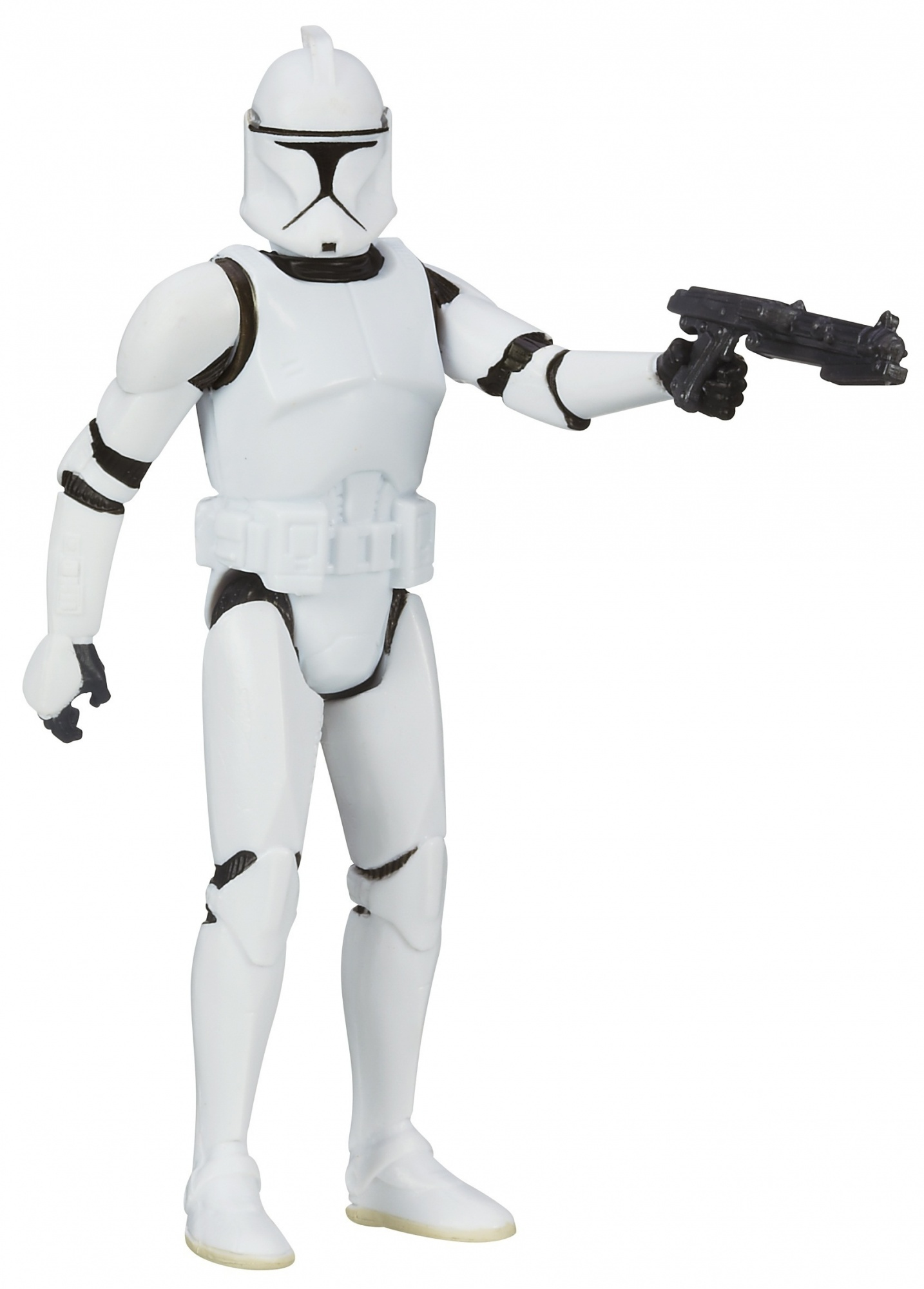 Eine weiße Star Wars Clone Trooper Actionfigur, die einen schwarzen Blaster hält.