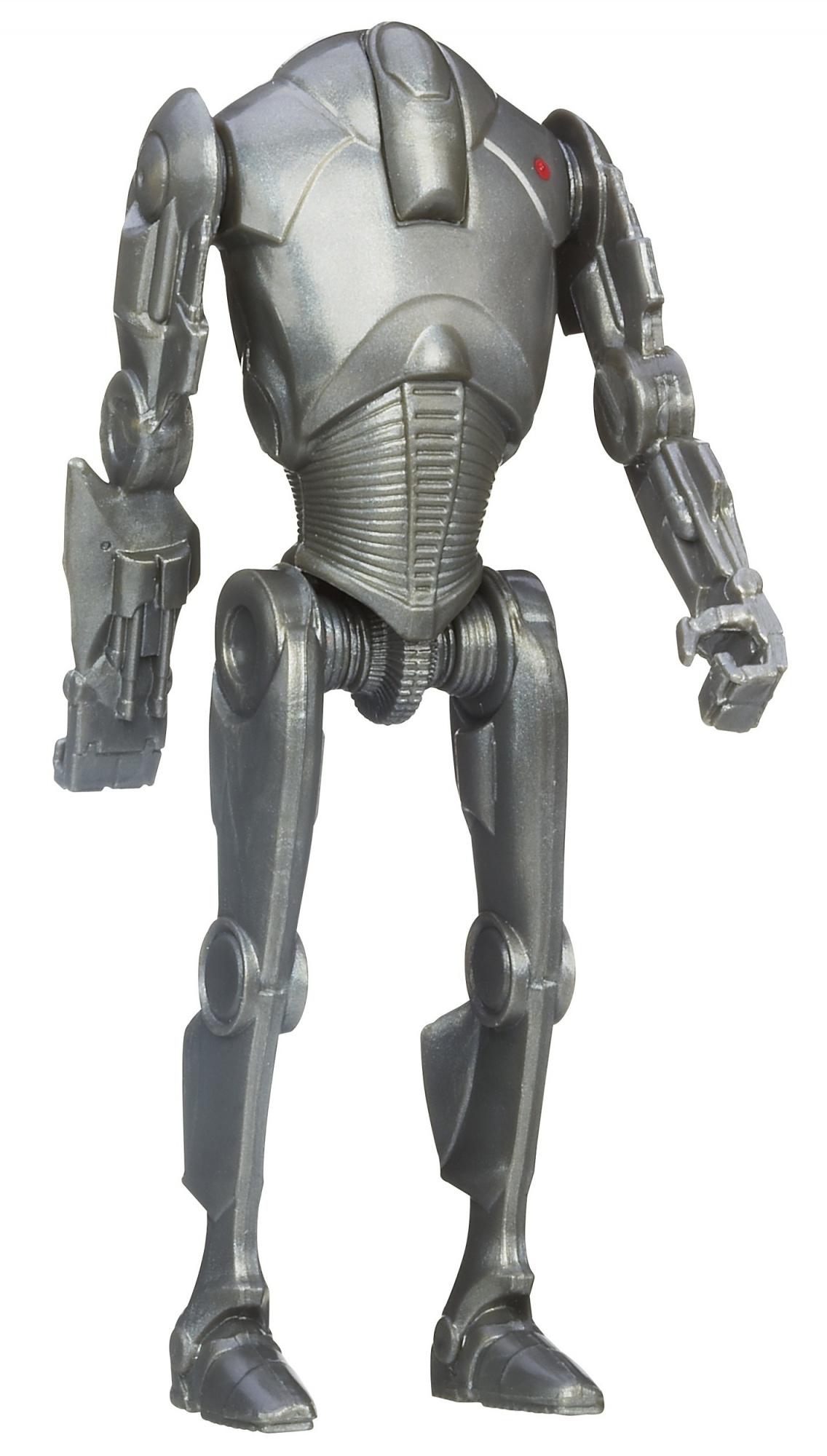 Eine silberne Kampfdroiden-Actionfigur. Sie hat eine humanoide Form mit Armen und Beinen und eine kleine rote Markierung.