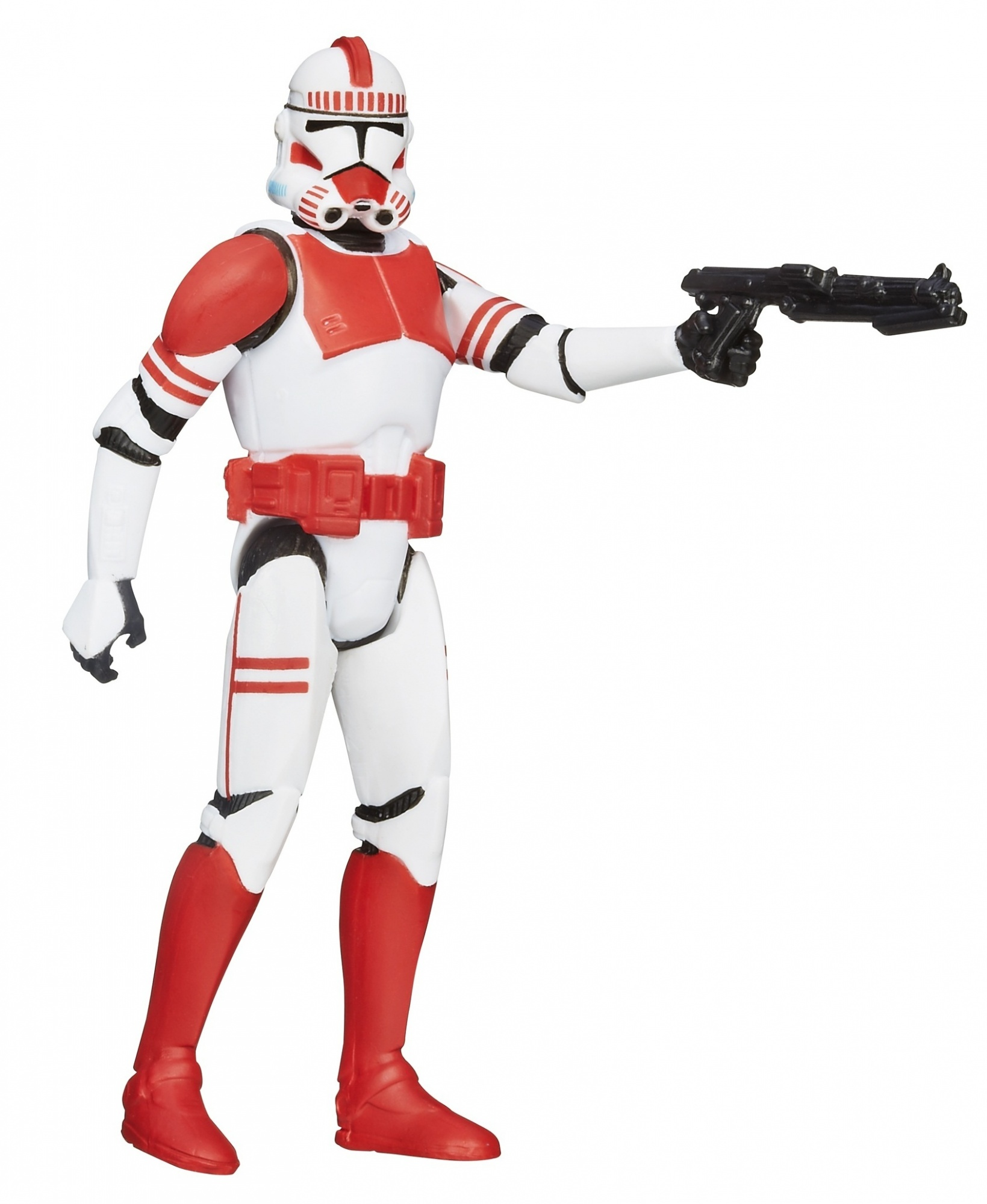 Eine Star Wars Clone Trooper-Actionfigur, weiße und rote Rüstung, hält einen schwarzen Blaster, zeigt ihn nach vorne.