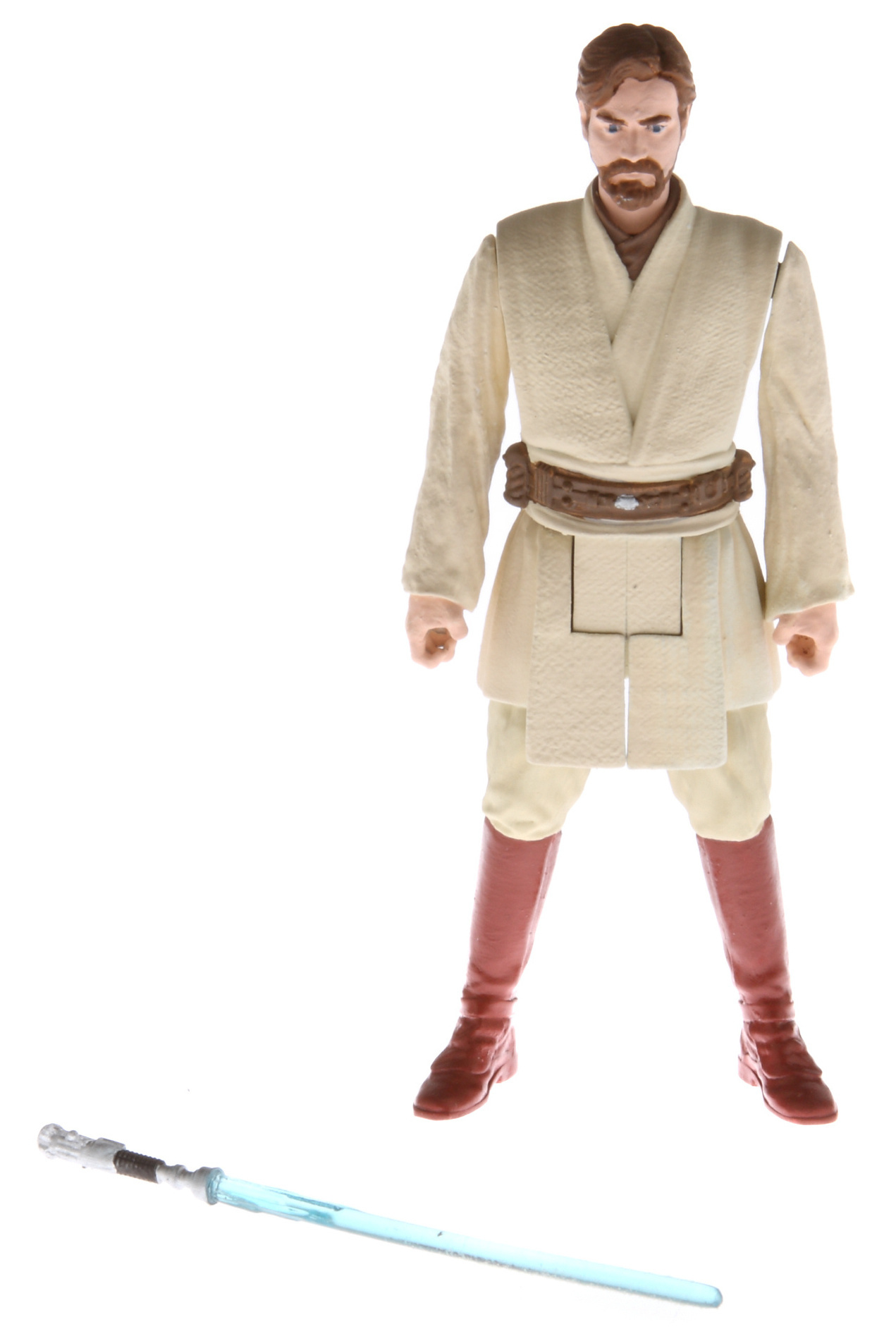Obi-Wan Kenobi-Actionfigur. Er trägt ein beiges Outfit, braune Stiefel und hält ein blaues Lichtschwert.