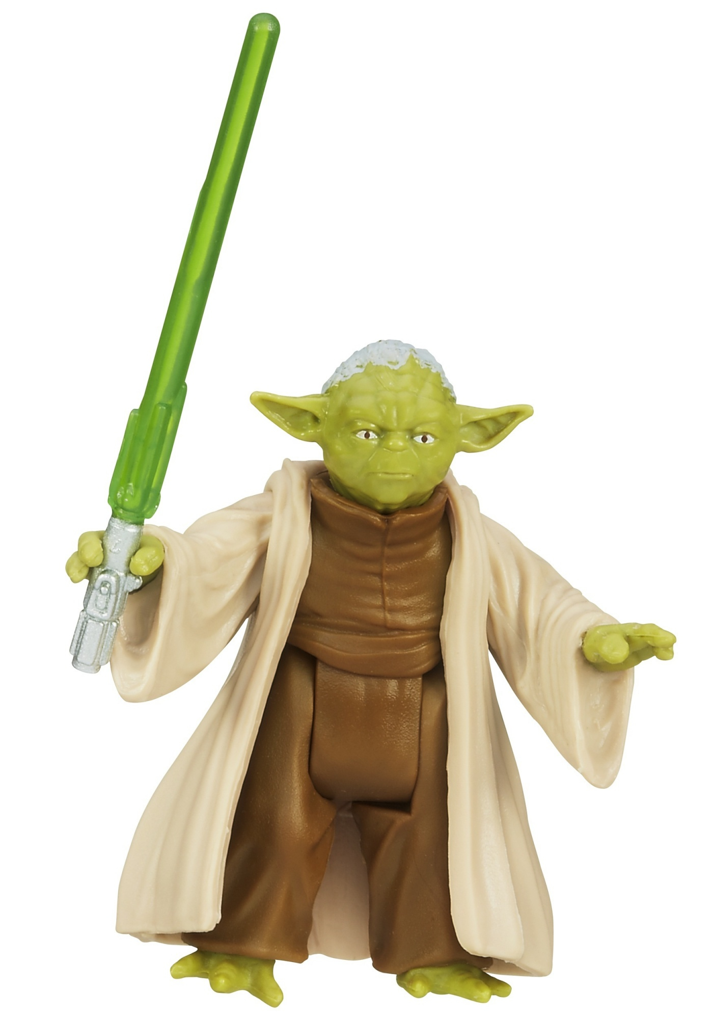 Yoda-Actionfigur, die ein grünes Lichtschwert hält. Er trägt eine beige Robe und einen braunen Talar.