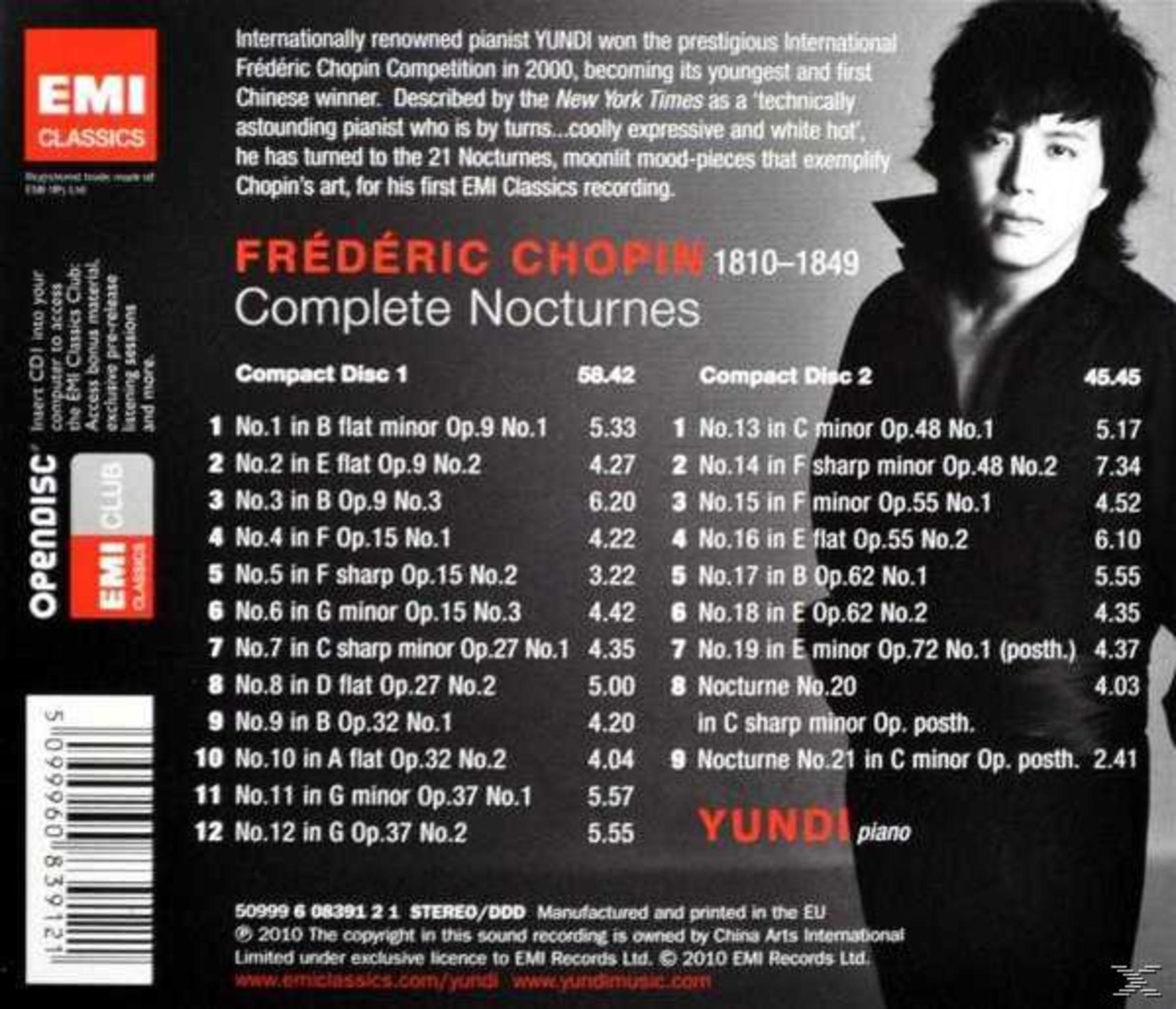 CD-Cover. Yundi, Chopin Nocturnes Album. Text und Trackliste. EMI Classics Logo. Rückseite der CD.