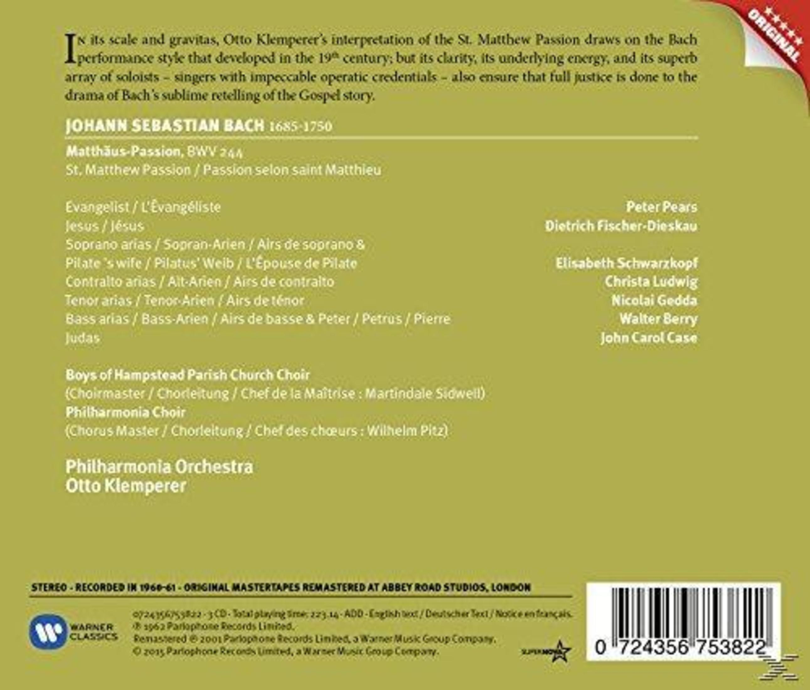 Retro di un cofanetto CD con testo su un brano musicale e un elenco di interpreti e orchestra.