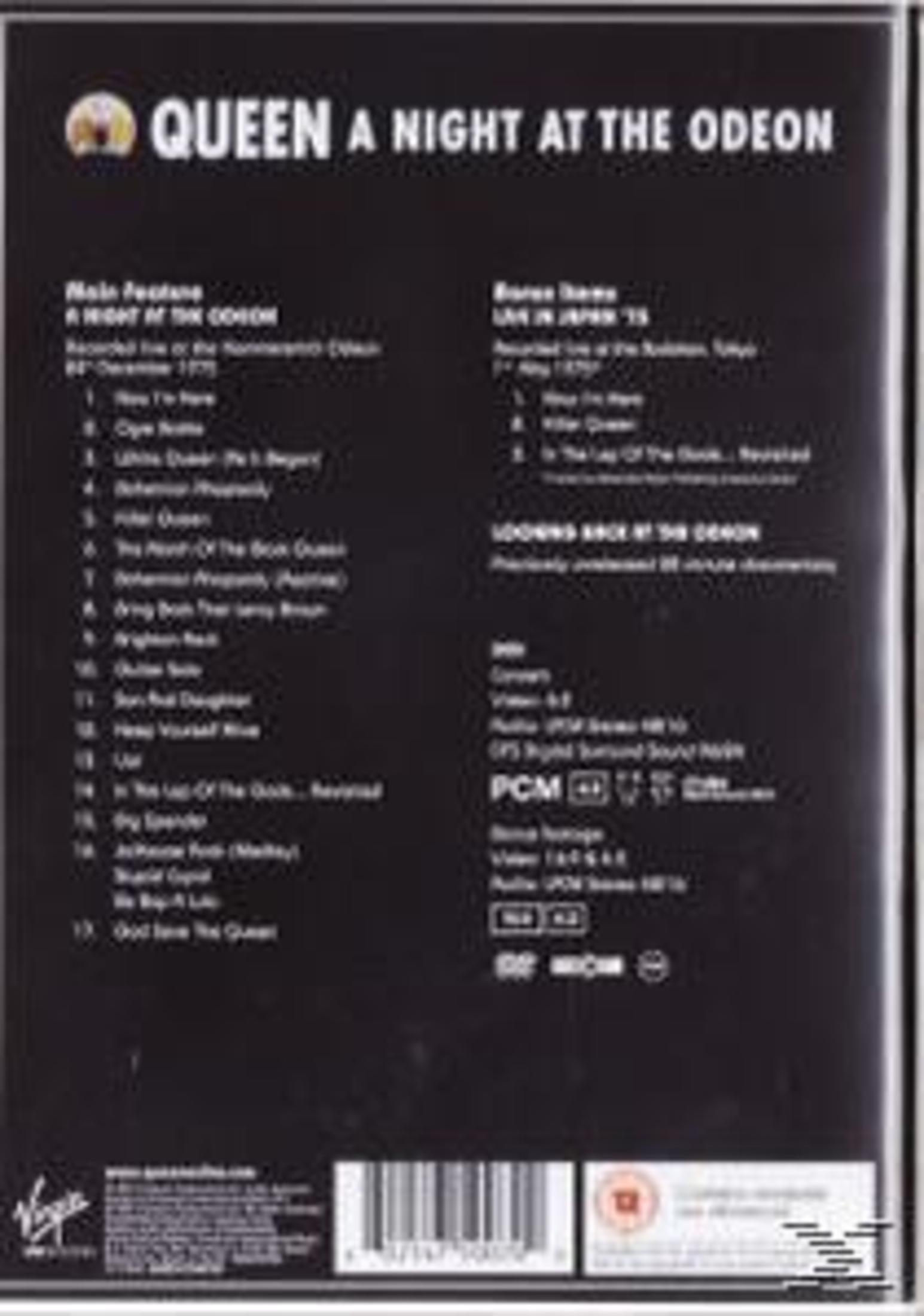 Pudełko DVD z tekstem wymieniającym piosenki i informacje o 'A Night at the Odeon' Queen.