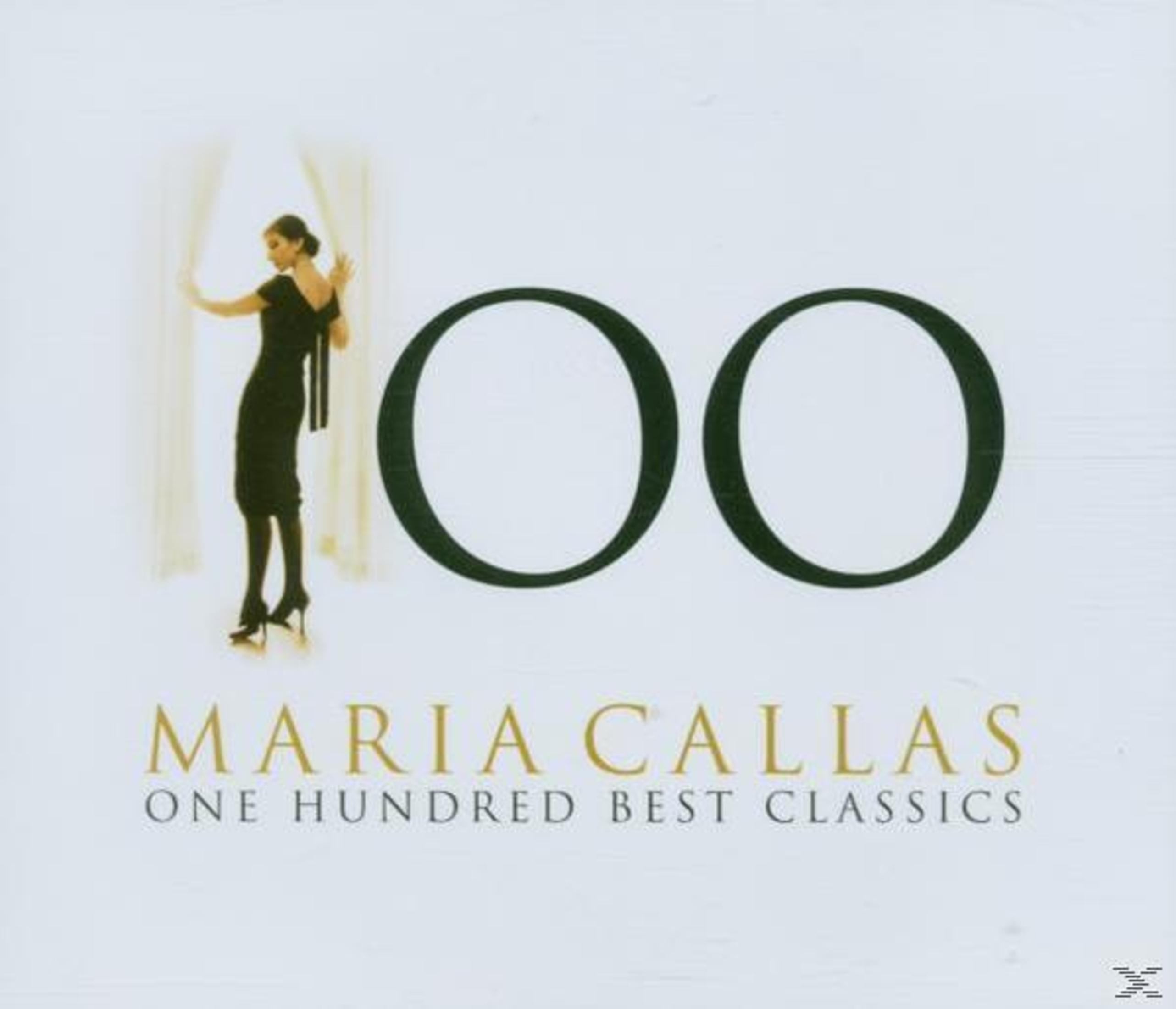 Okładka albumu: Maria Callas. Kobieta w czarnej sukience, duże 'OO' i tytuł albumu: One Hundred Best Classics.