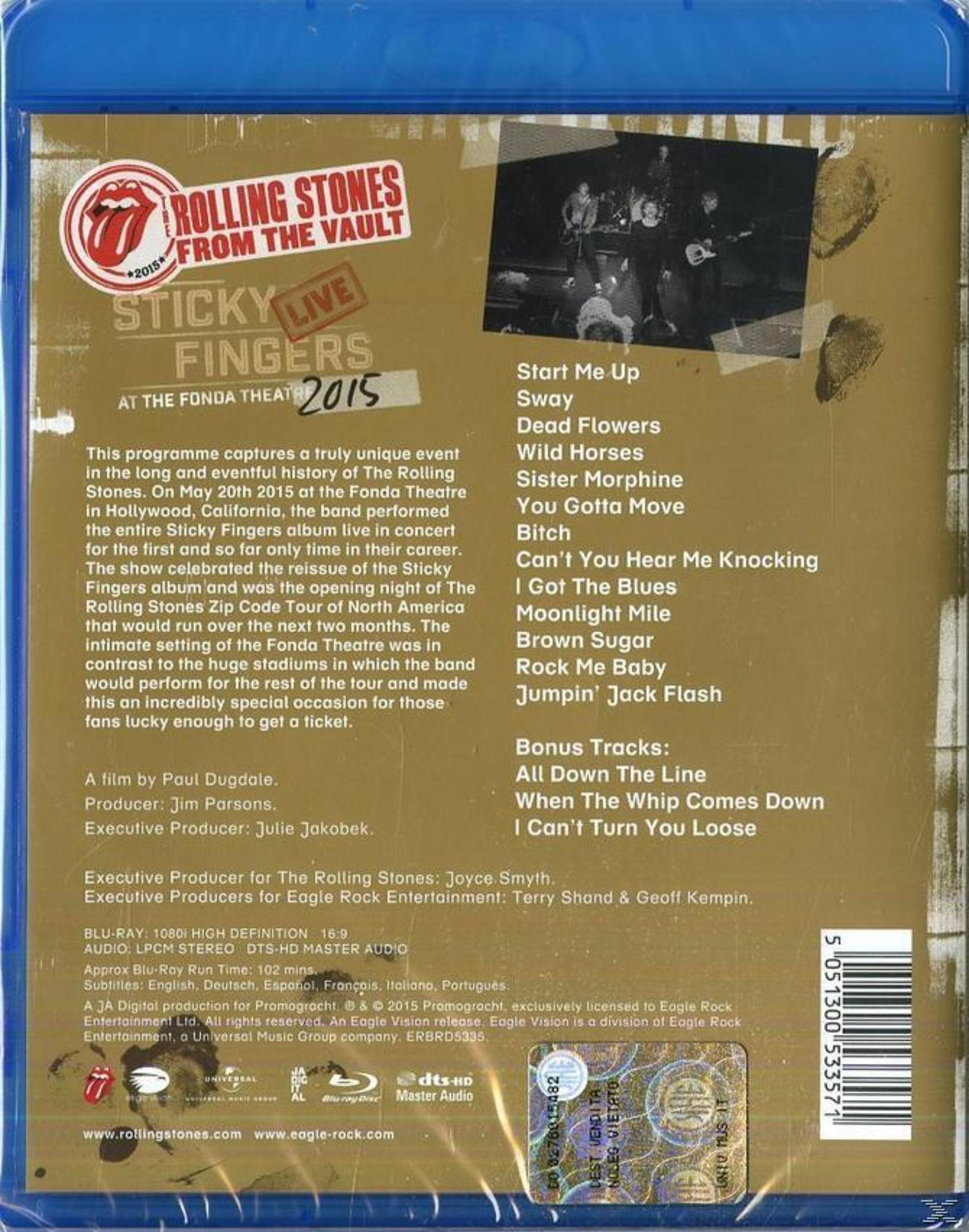 Okładka Blu-ray z tytułem The Rolling Stones i listą utworów. Tło jest ciemne.