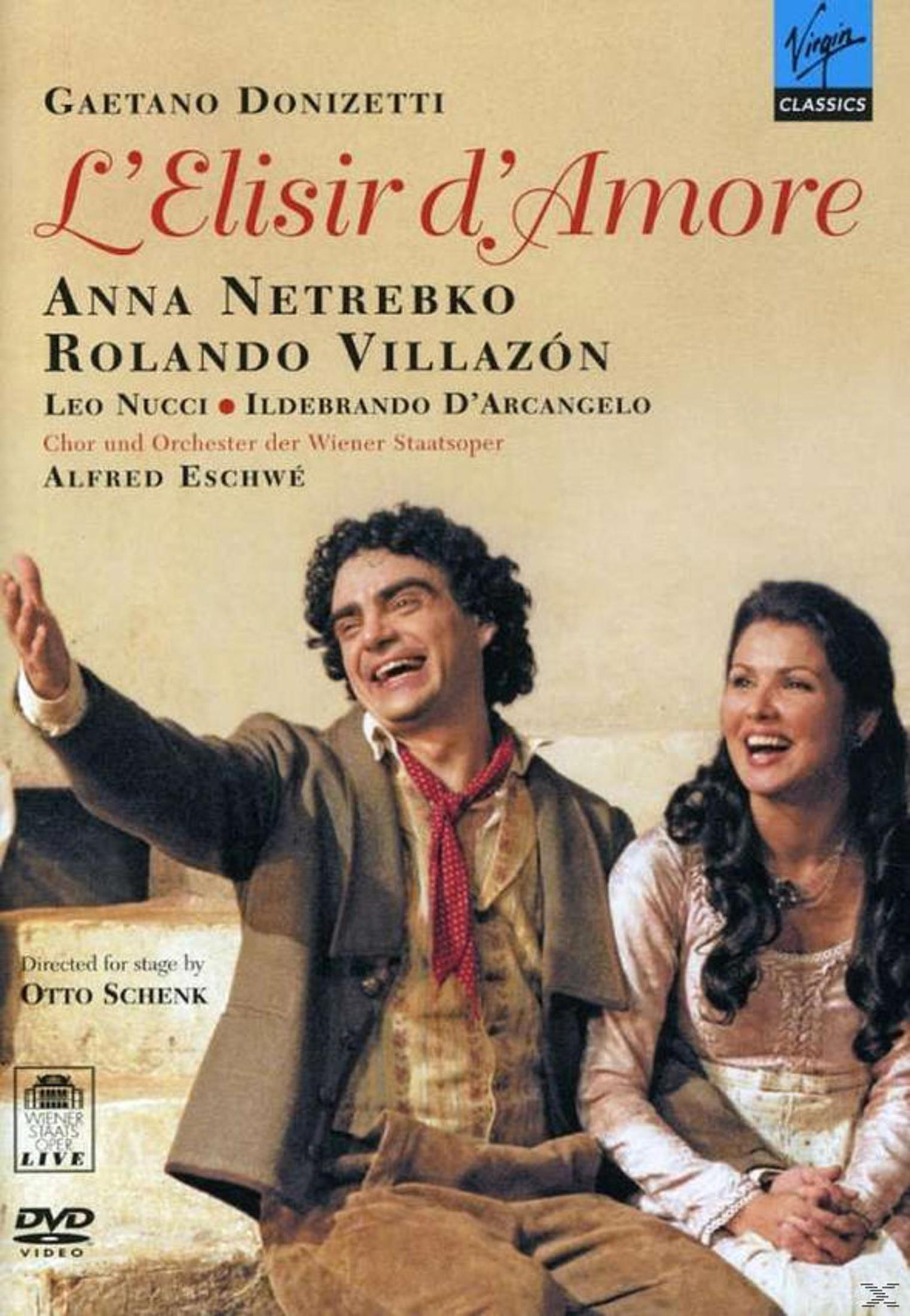 Okładka DVD: Dwóch aktorów, mężczyzna gestykuluje, kobieta się śmieje. Tekst: 'L'Elisir d'Amore'.