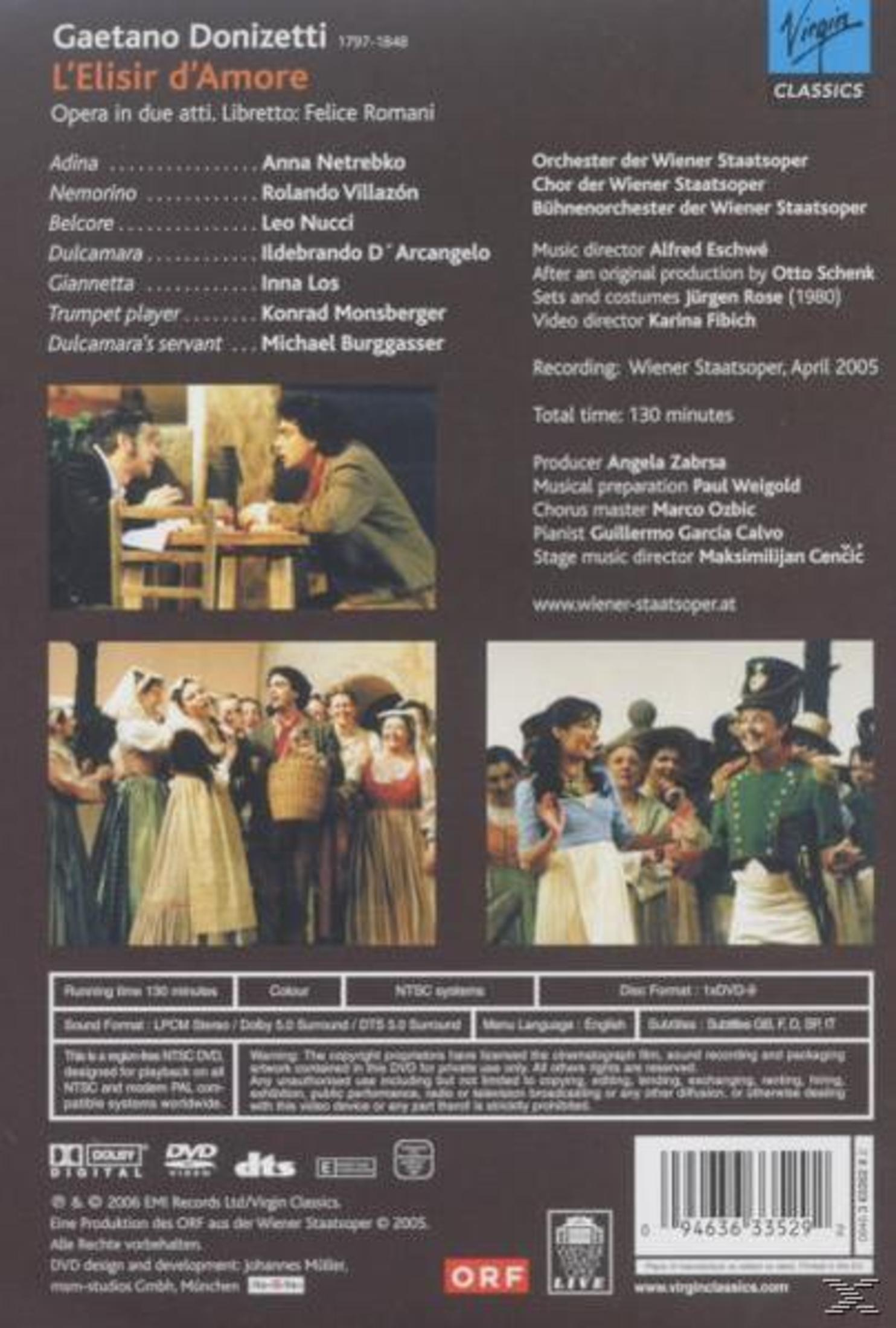 Okładka DVD: Opera 'L'elisir d'amore'. Aktorzy w kostiumach, tekst i informacje o przedstawieniu.