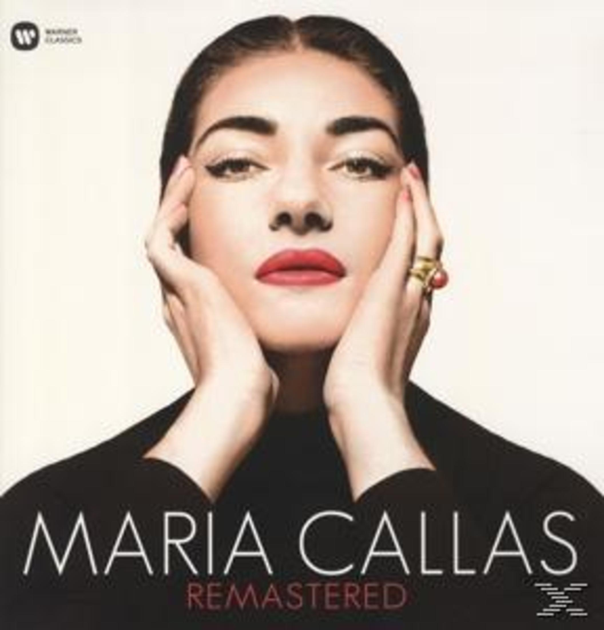 Okładka albumu: Portret Marii Callas, zbliżenie, czarny top, czerwone usta, tekst 'Maria Callas remastered'.