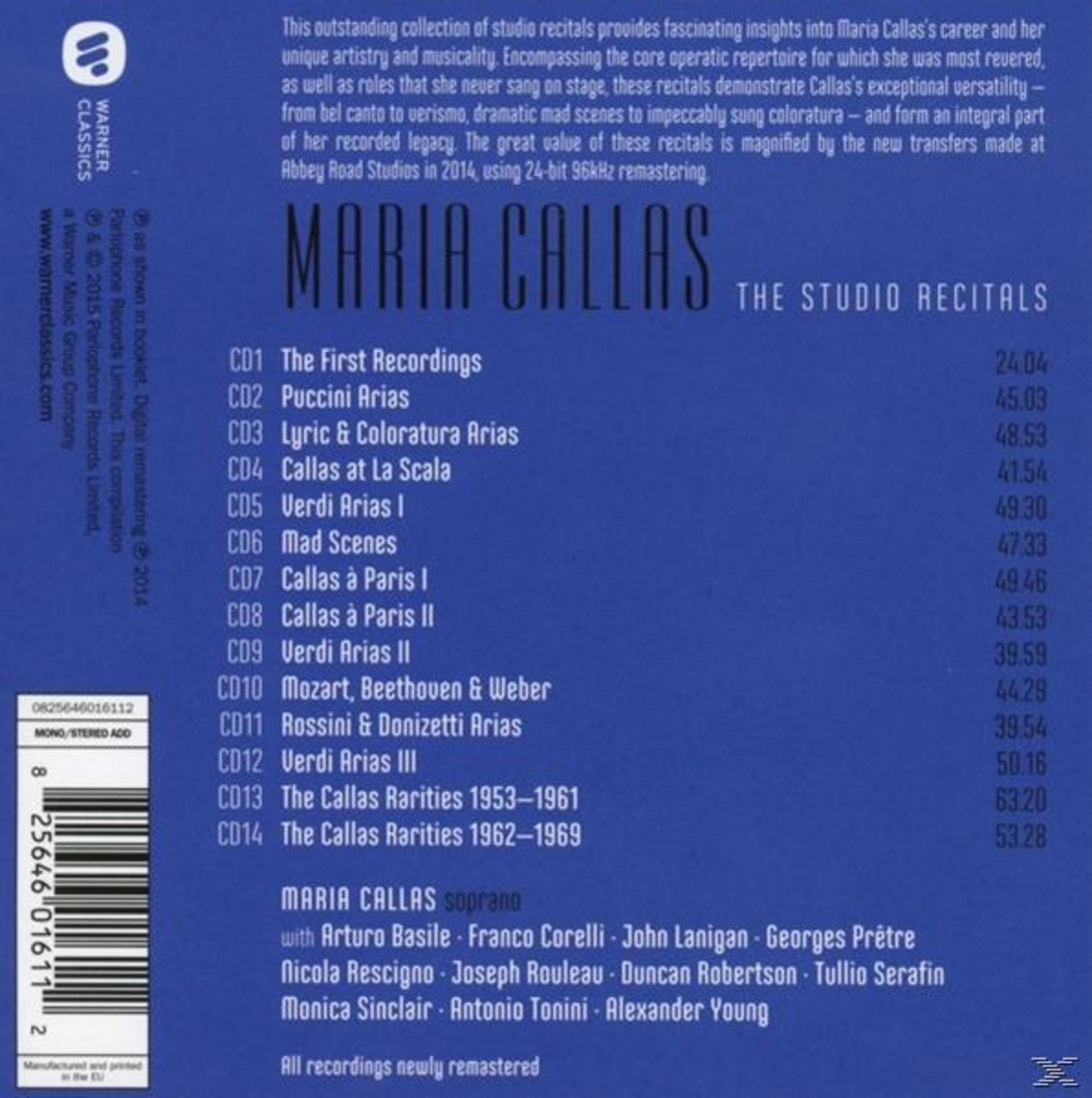 Okładka albumu: Maria Callas, The Studio Recitals. Tekst i tracklista na białym tle.