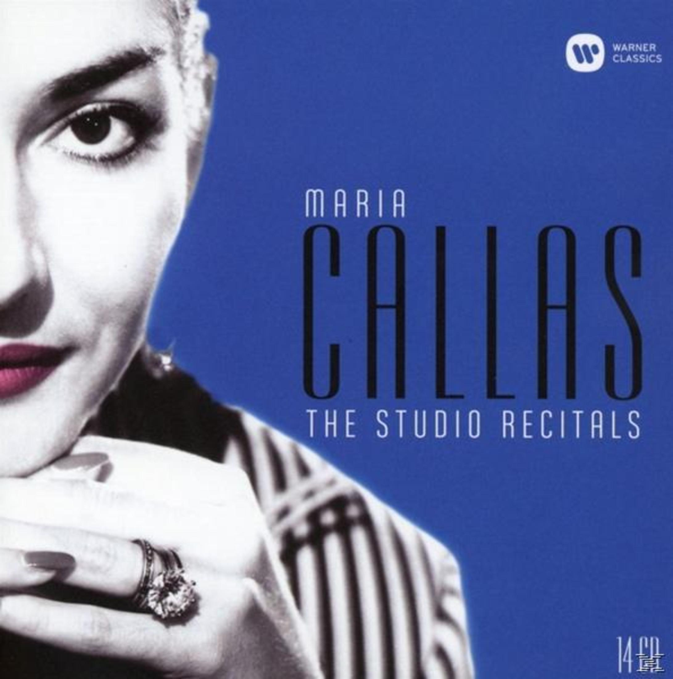 Okładka albumu z twarzą Marii Callas, niebieskim tłem i tytułem 'The Studio Recitals'.
