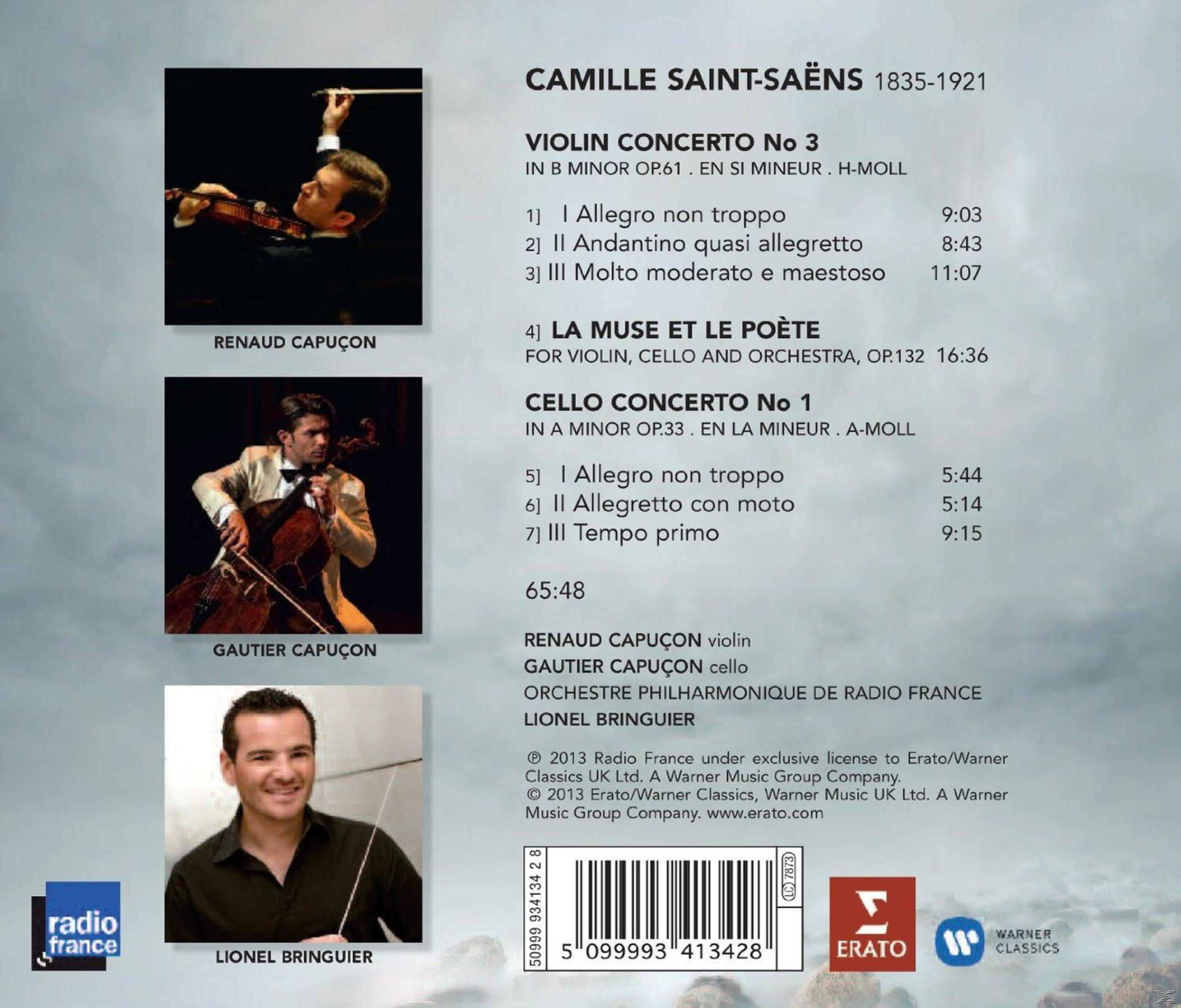 Albumcover mit Geigern und Cellisten und den Namen von Camille Saint-Saëns und Renaud Capuçon.