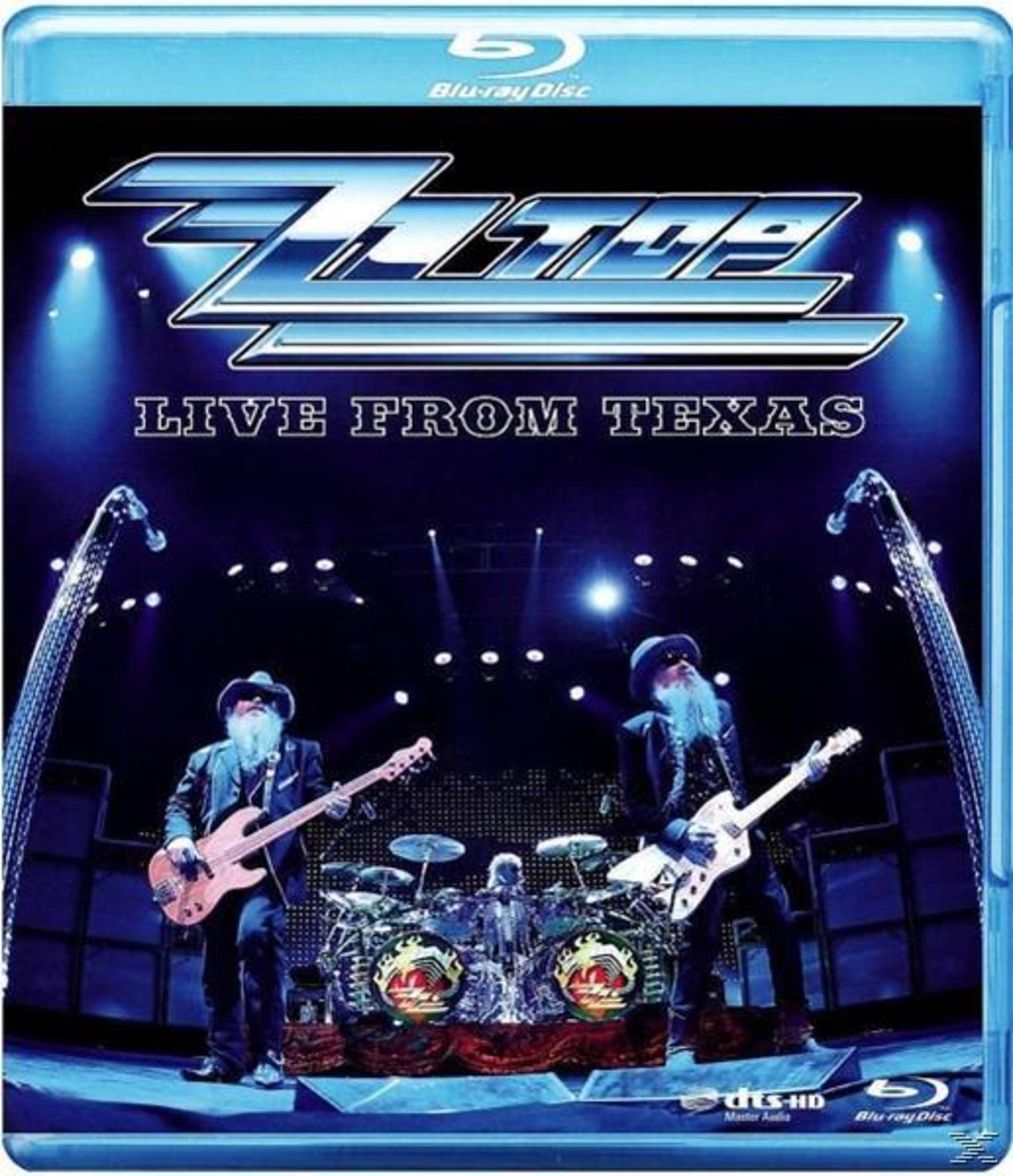 Okładka Blu-ray z zespołem na scenie, światłami i napisem 'ZZ Top Live from Texas'.
