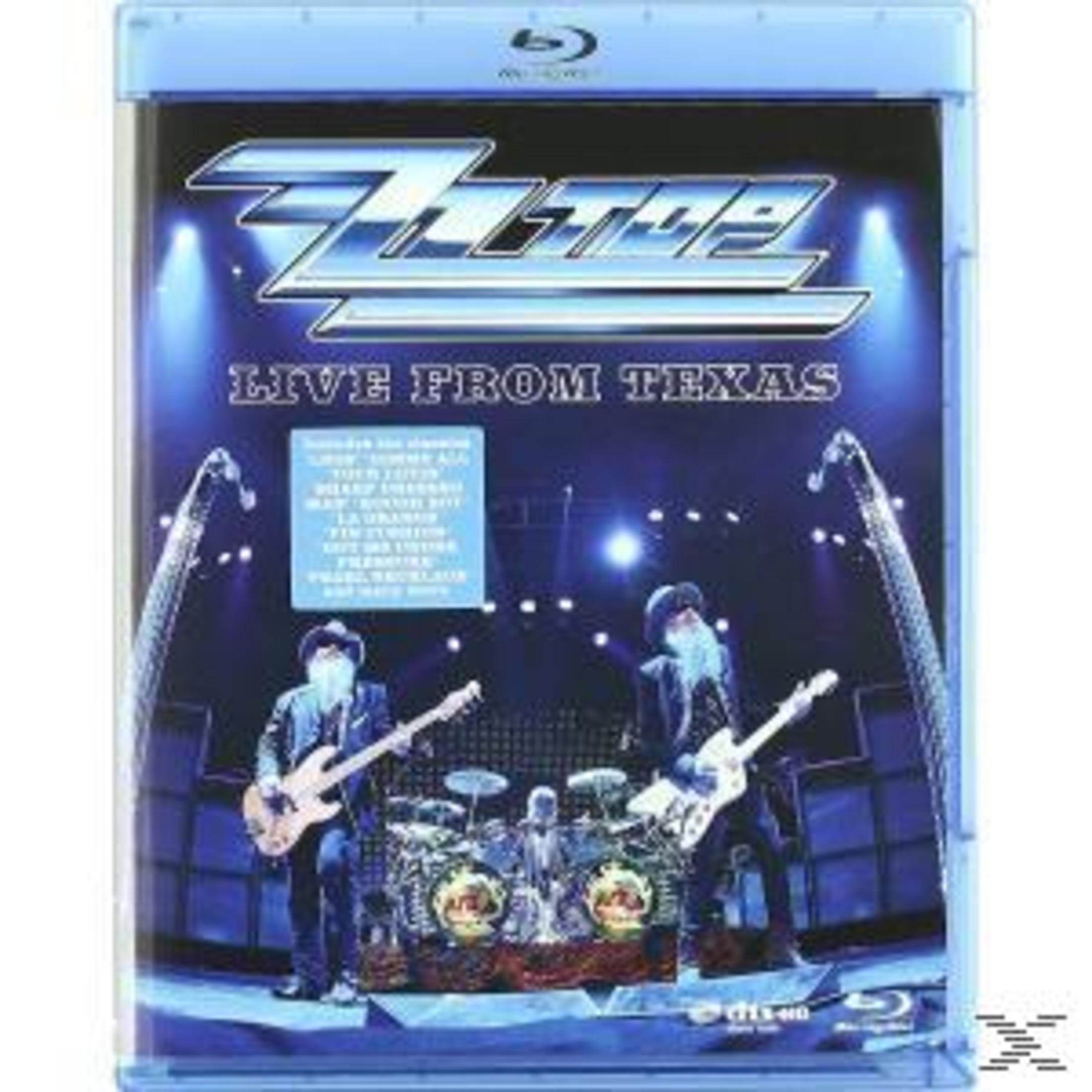 Okładka Blu-ray z ZZ Top na scenie, światłami i napisem 'Live From Texas'.
