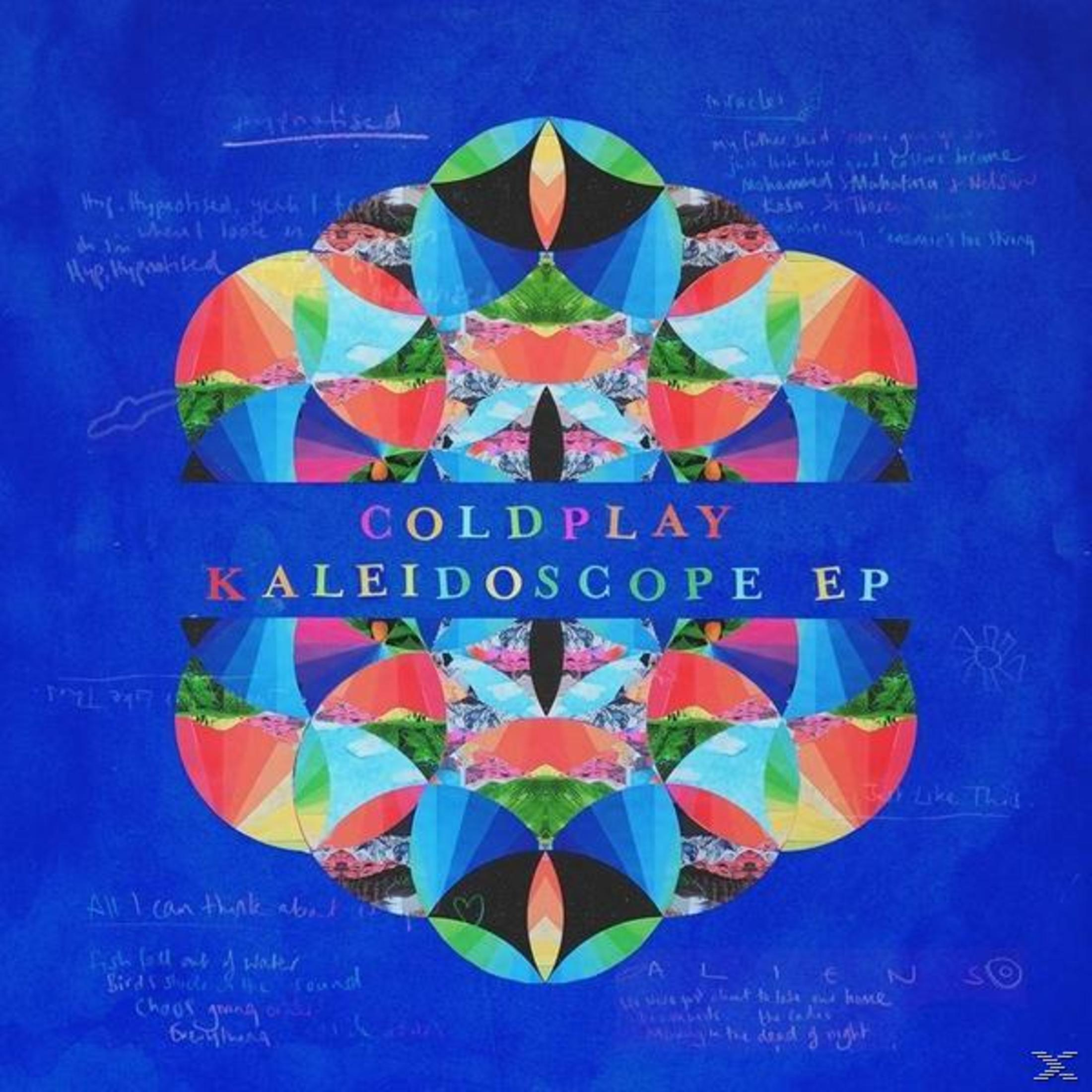 Okładka EP Kaleidoscope zespołu Coldplay. Ma niebieskie tło z kolorowymi geometrycznymi kształtami i odręcznym tekstem.