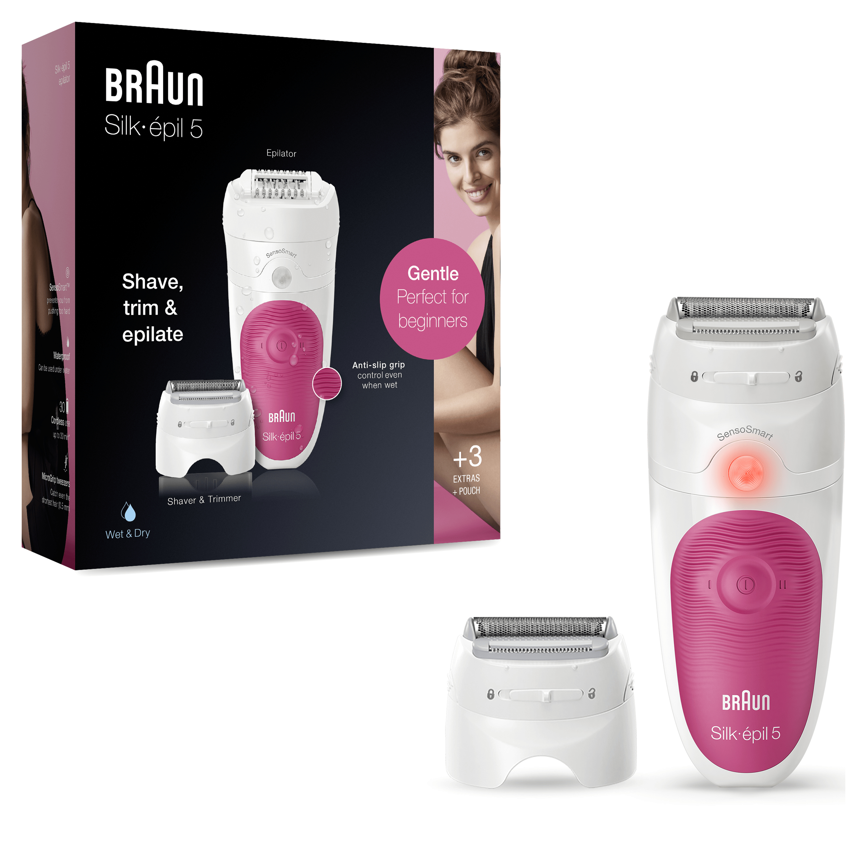 Prodotto epilatore Braun Silk-épil 5, con scatola e accessori. Il dispositivo è bianco e rosa.