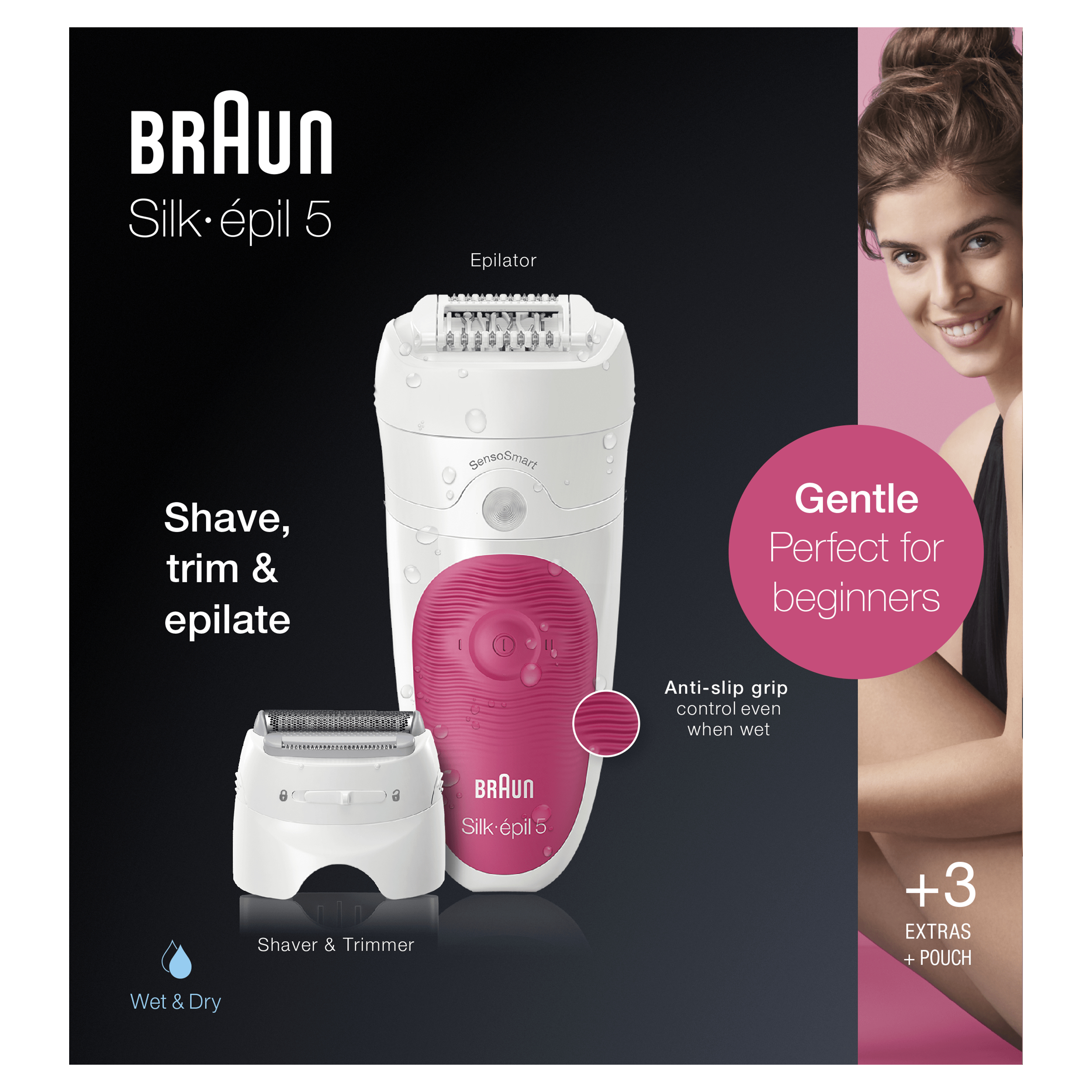Prodotto epilatore Braun Silk-épil 5. Il dispositivo è bianco e rosa, con accessori. Una donna sorride.