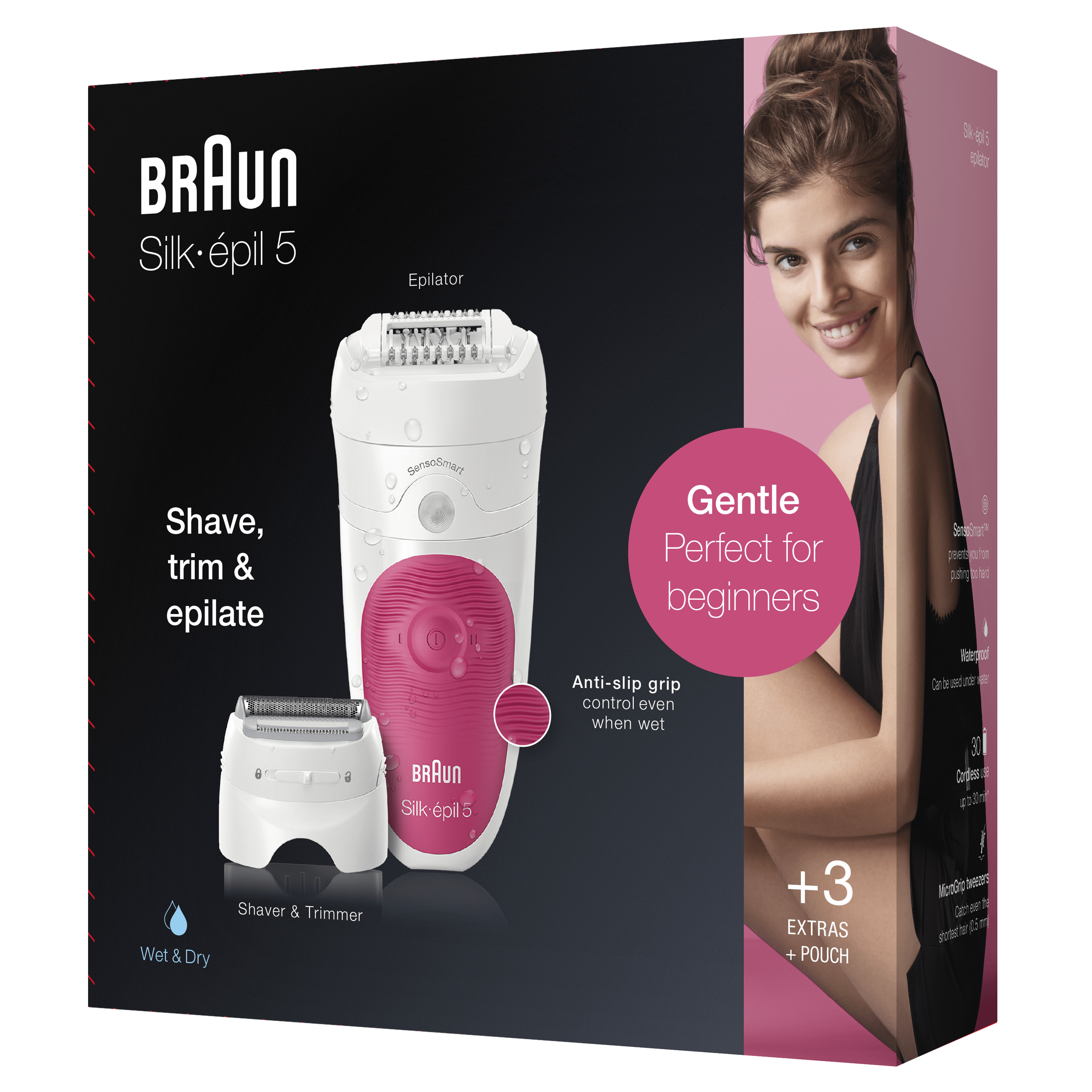 Prodotto epilatore Braun Silk-épil 5, con scatola e accessori. Il dispositivo è bianco e rosa.