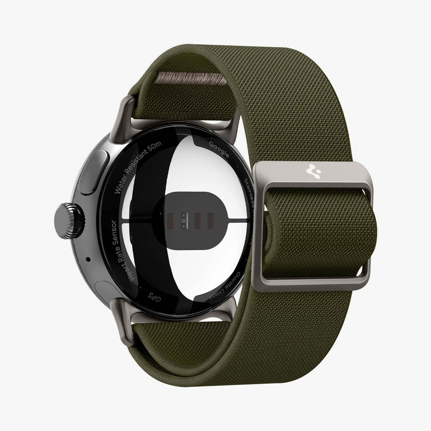 Retro di uno smartwatch con cinturino verde. Ha sensori e informazioni. Sfondo bianco.