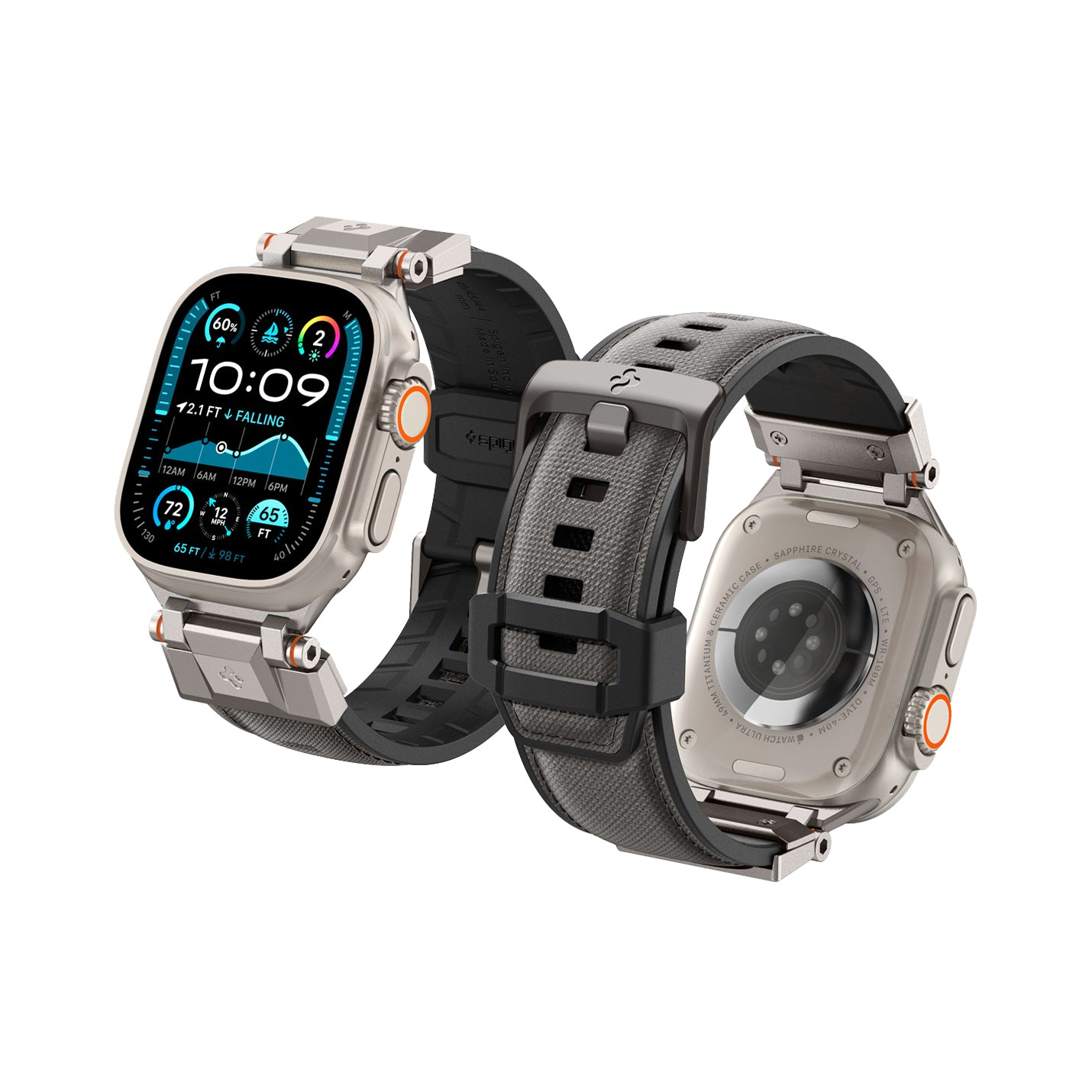 Dwa srebrne smartwatche z czarnymi i szarymi paskami. Ekrany pokazują czas i dane.