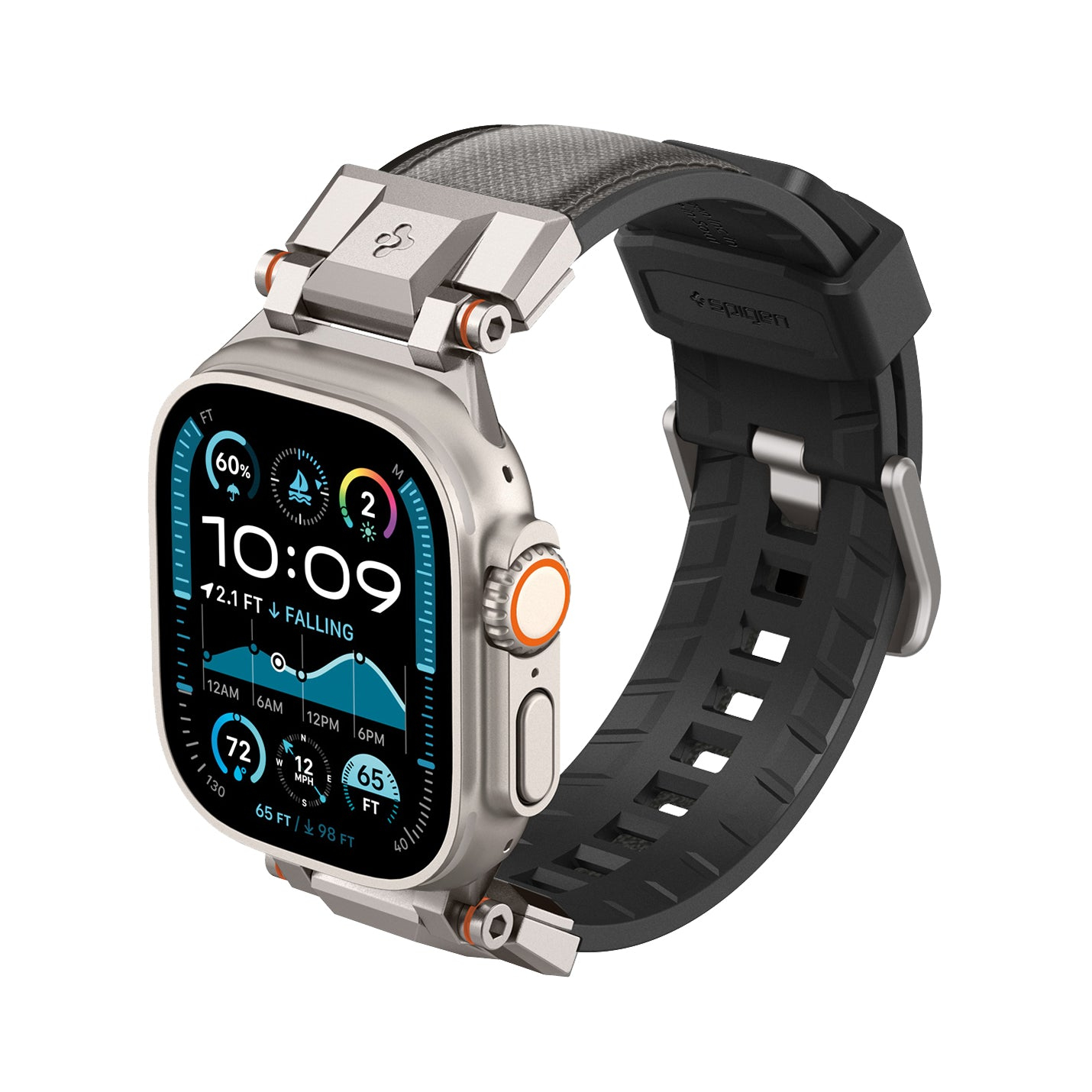 Srebrny Apple Watch Ultra z czarnym paskiem, pokazujący czas i wskaźniki zdrowia na ekranie.