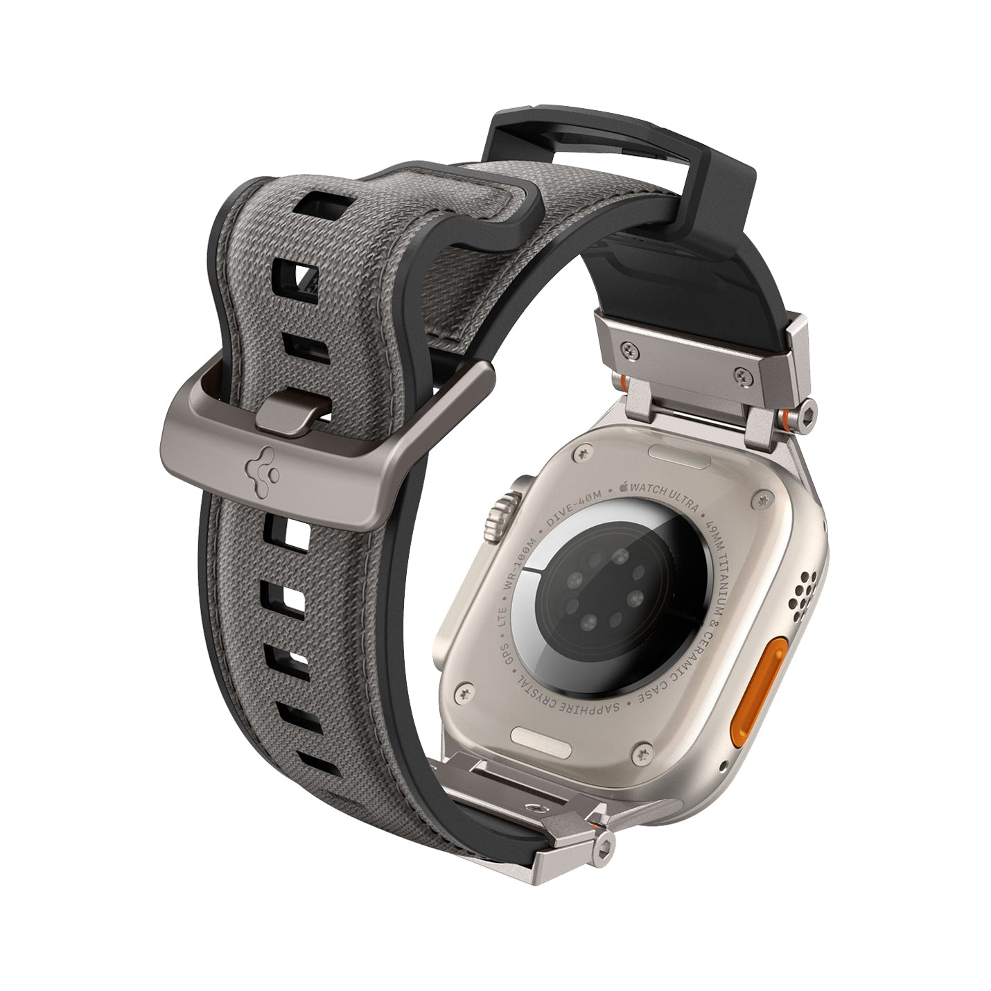 Srebrny Apple Watch Ultra z szarą tkaniną i czarnym paskiem. Zegarek jest pod kątem.