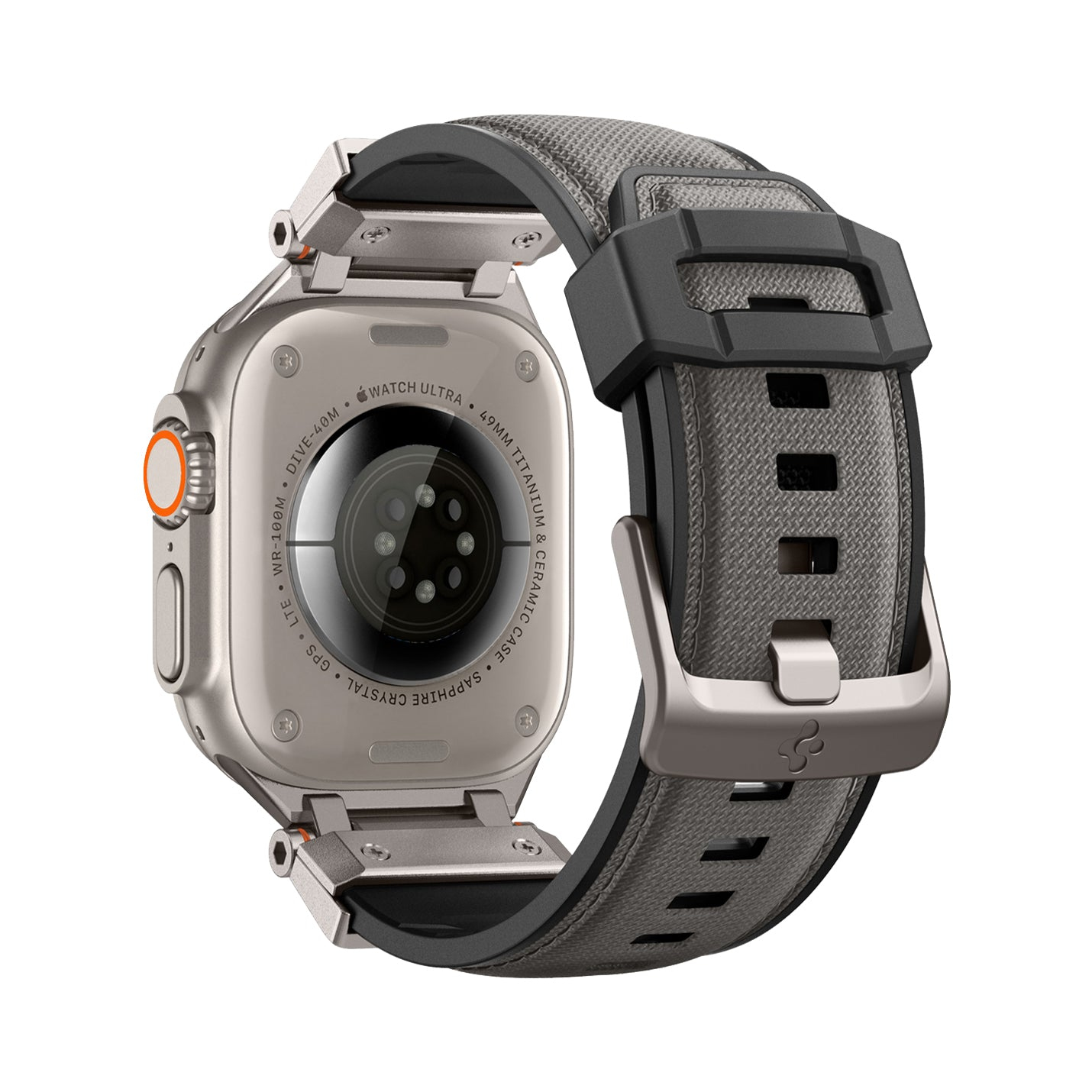 Srebrny Apple Watch Ultra z szarym i czarnym paskiem. Tył pokazuje czujniki i tekst.