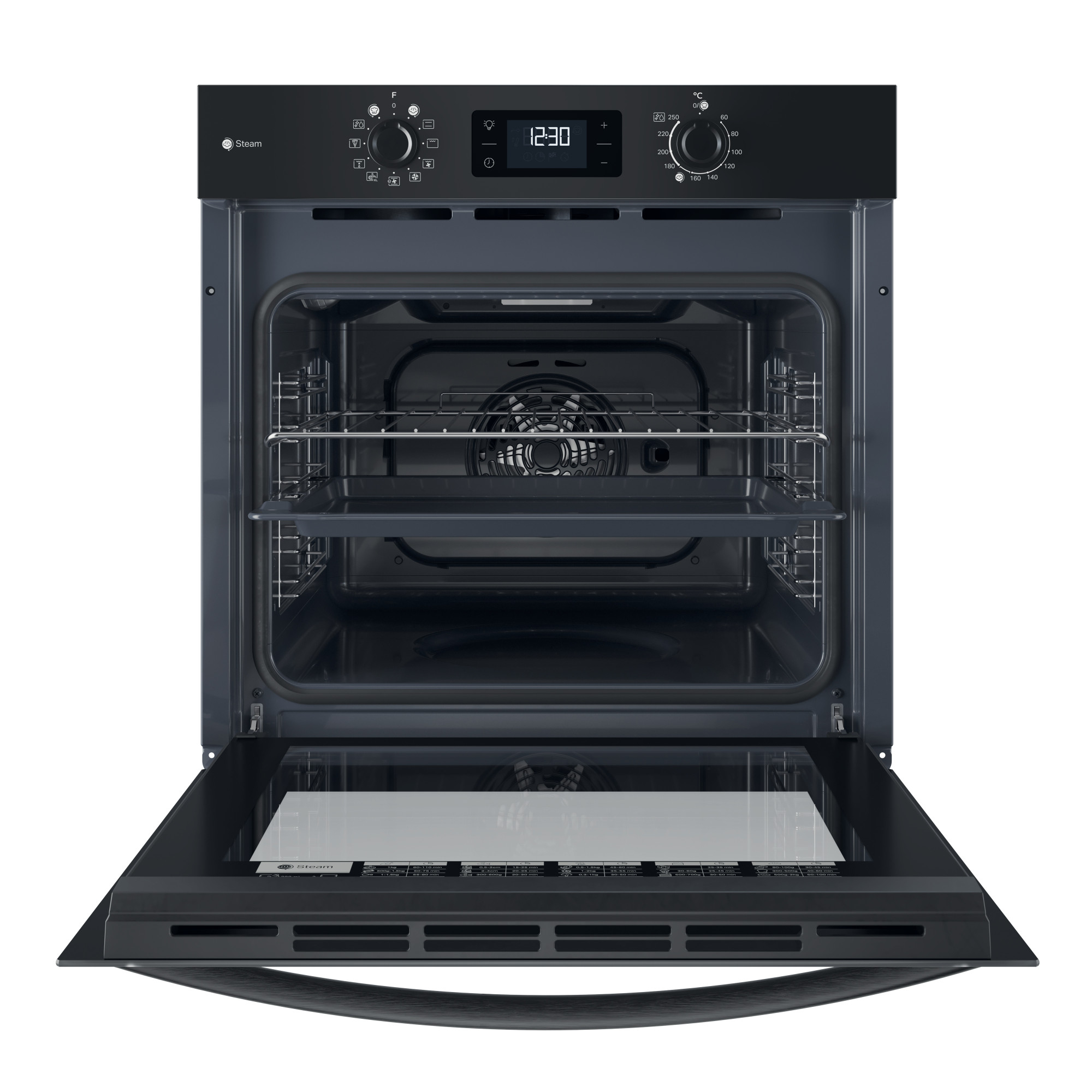Horno negro, puerta abierta, mostrando el interior. Estantes y controles del horno son visibles. Pantalla digital muestra hora, logo vapor.