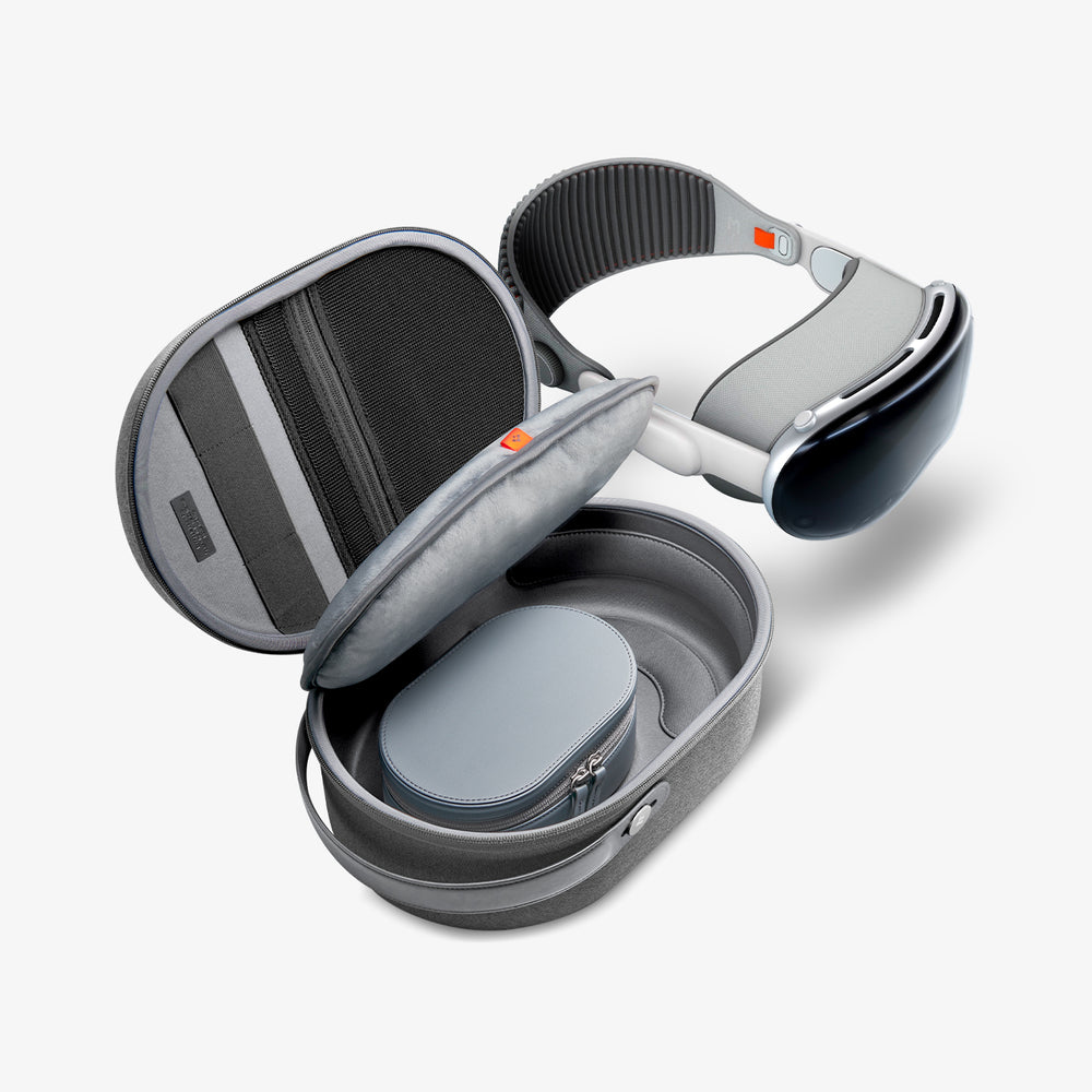 Szare słuchawki i ich etui, częściowo otwarte, prezentowane na białym tle.