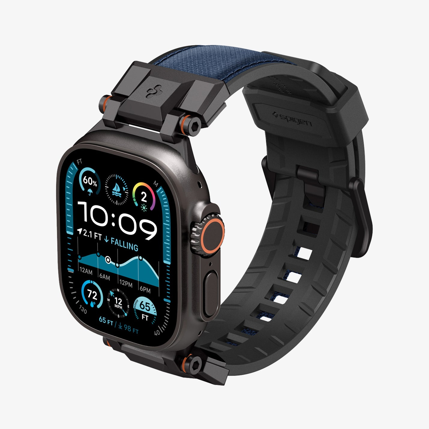 Czarny smartwatch z niebieskim paskiem, wyświetlający na ekranie dane dotyczące czasu i aktywności.