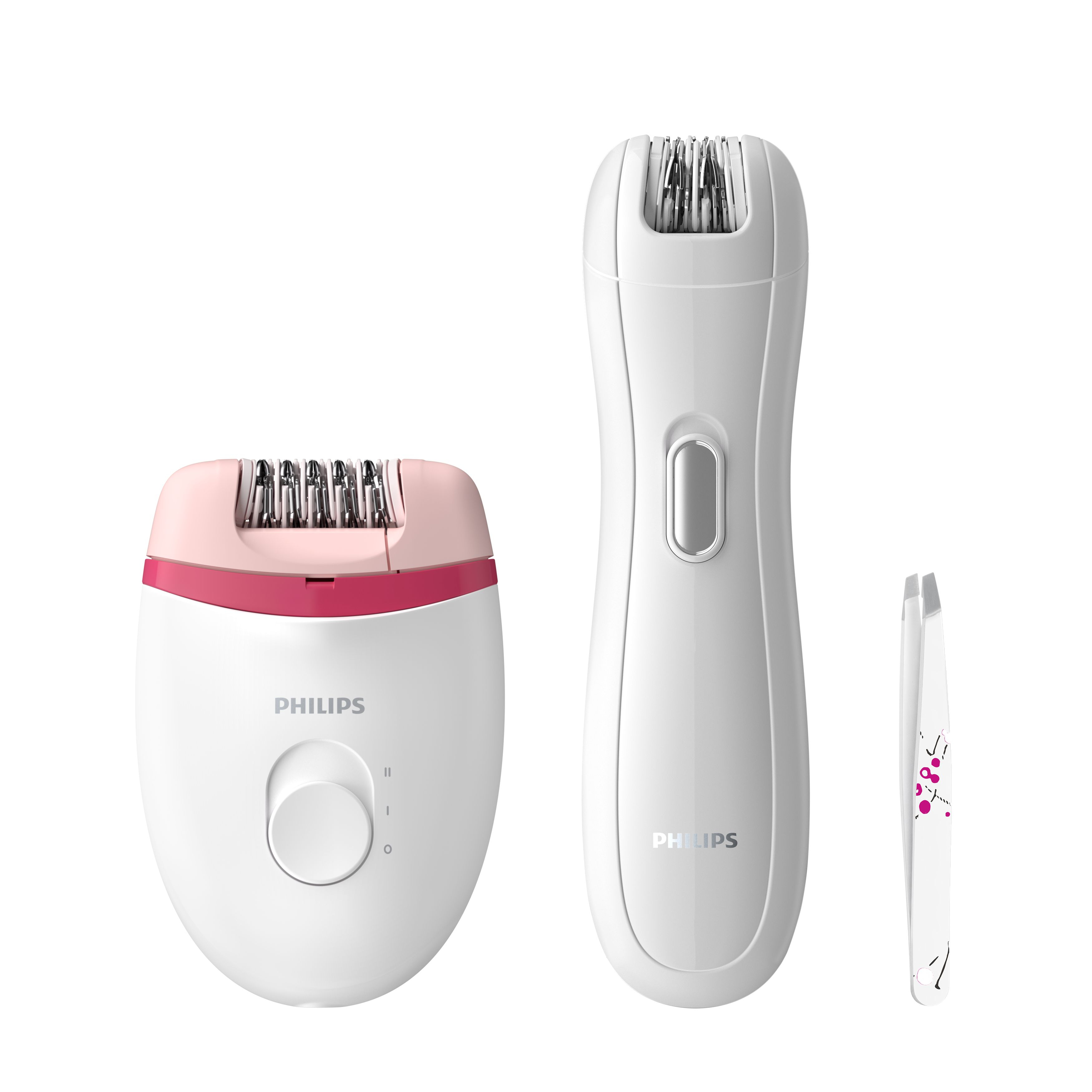 Depiladora eléctrica, blanca y rosa, con pinzas adicionales.
