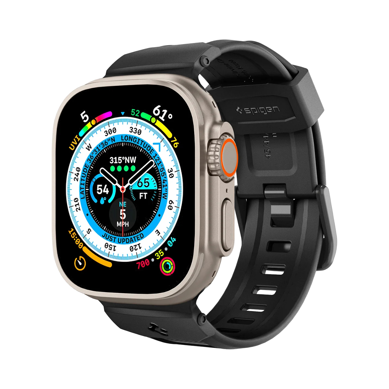 Srebrny Apple Watch z czarnym paskiem, pokazujący różne dane zdrowotne i lokalizacyjne.