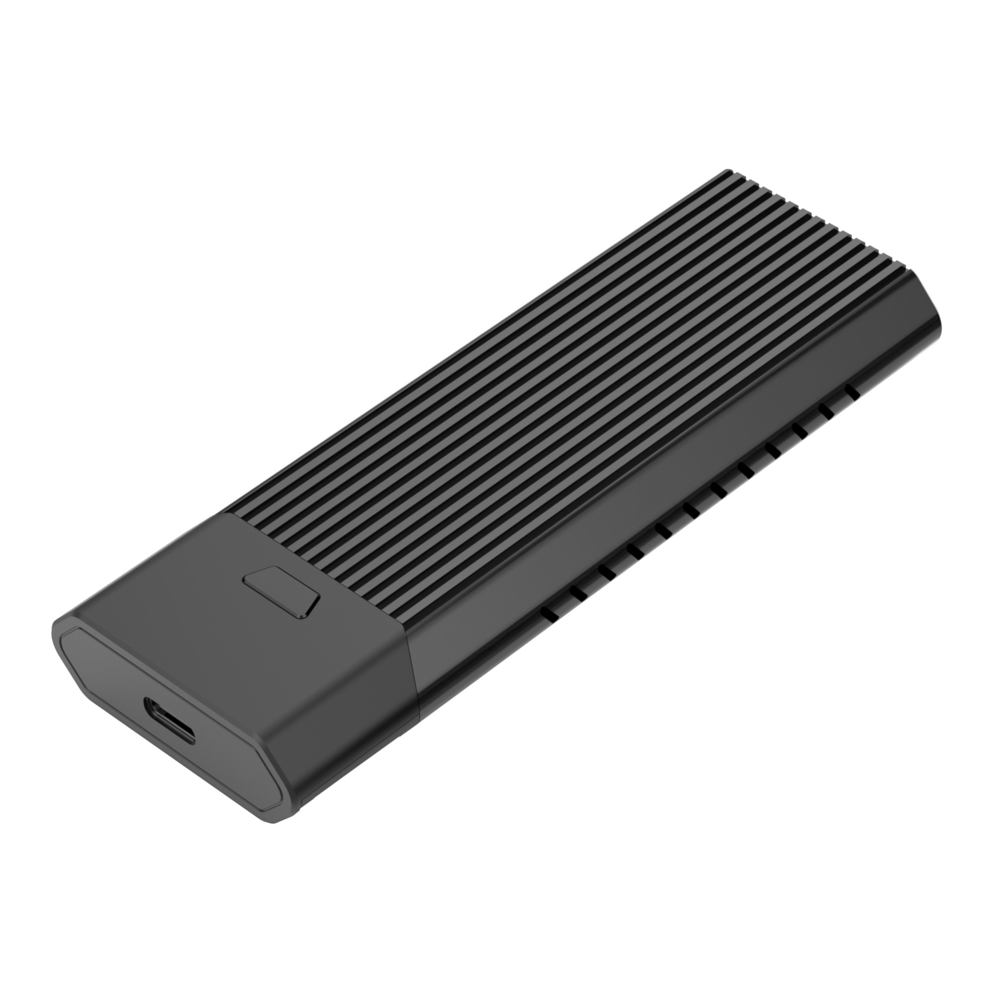 Czarny, prostokątny dysk SSD z żebrowaną górą, port USB-C, białe tło.