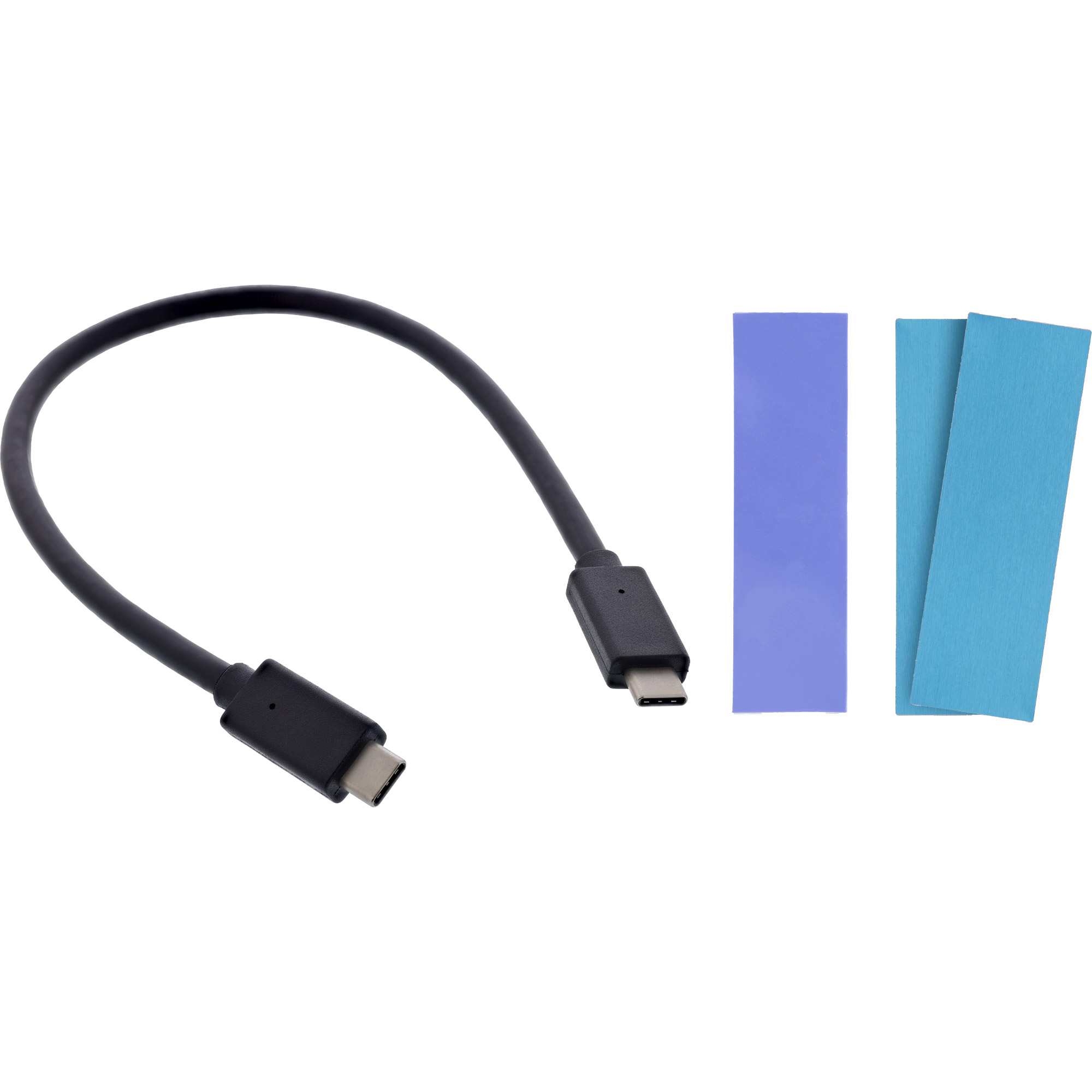 Kabel USB-C z dwiema podkładkami termicznymi, niebieską i jasnoniebieską, na białym tle.