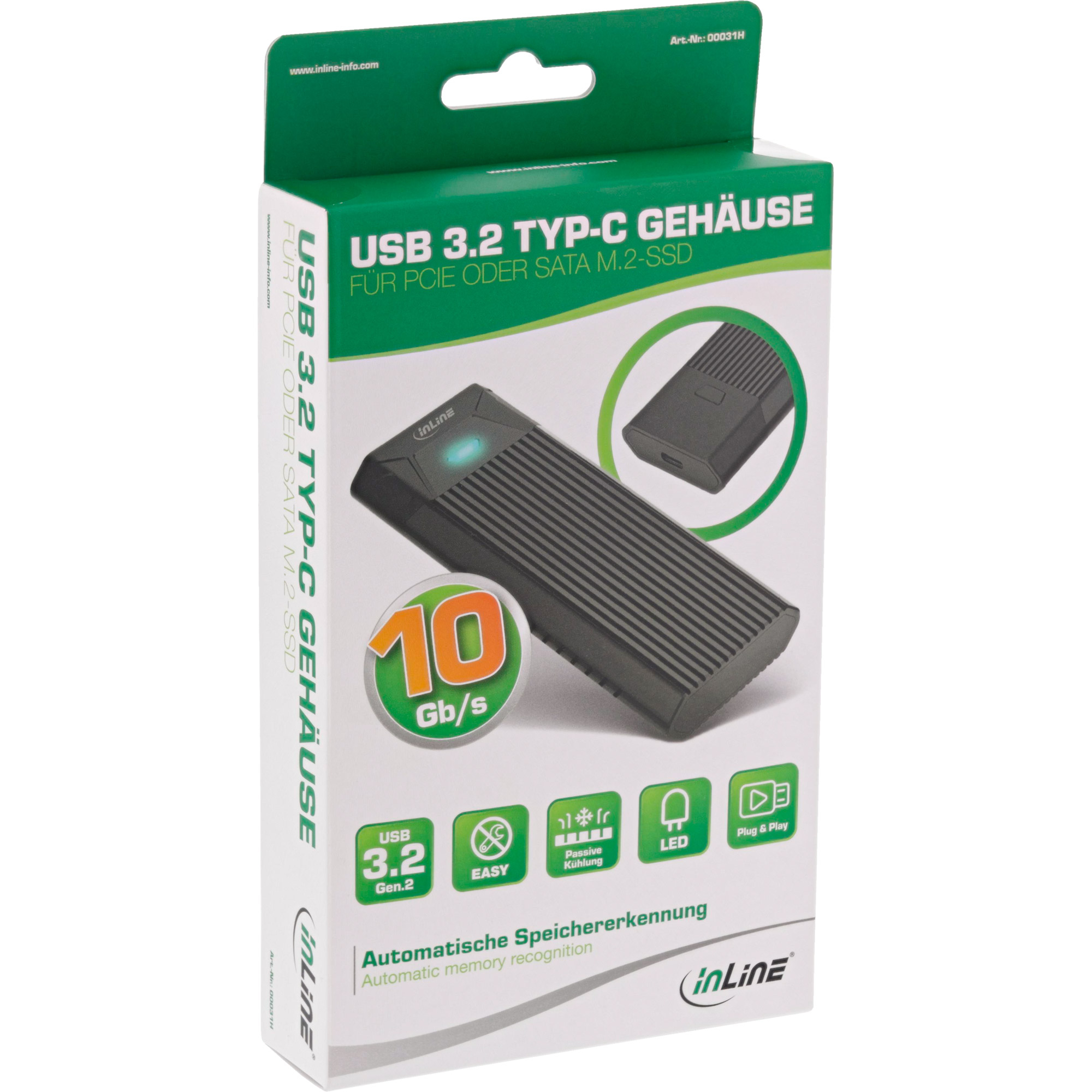 Pudełko produktu do obudowy USB 3.2 typu C. Jest czarne i zawiera informacje o produkcie.
