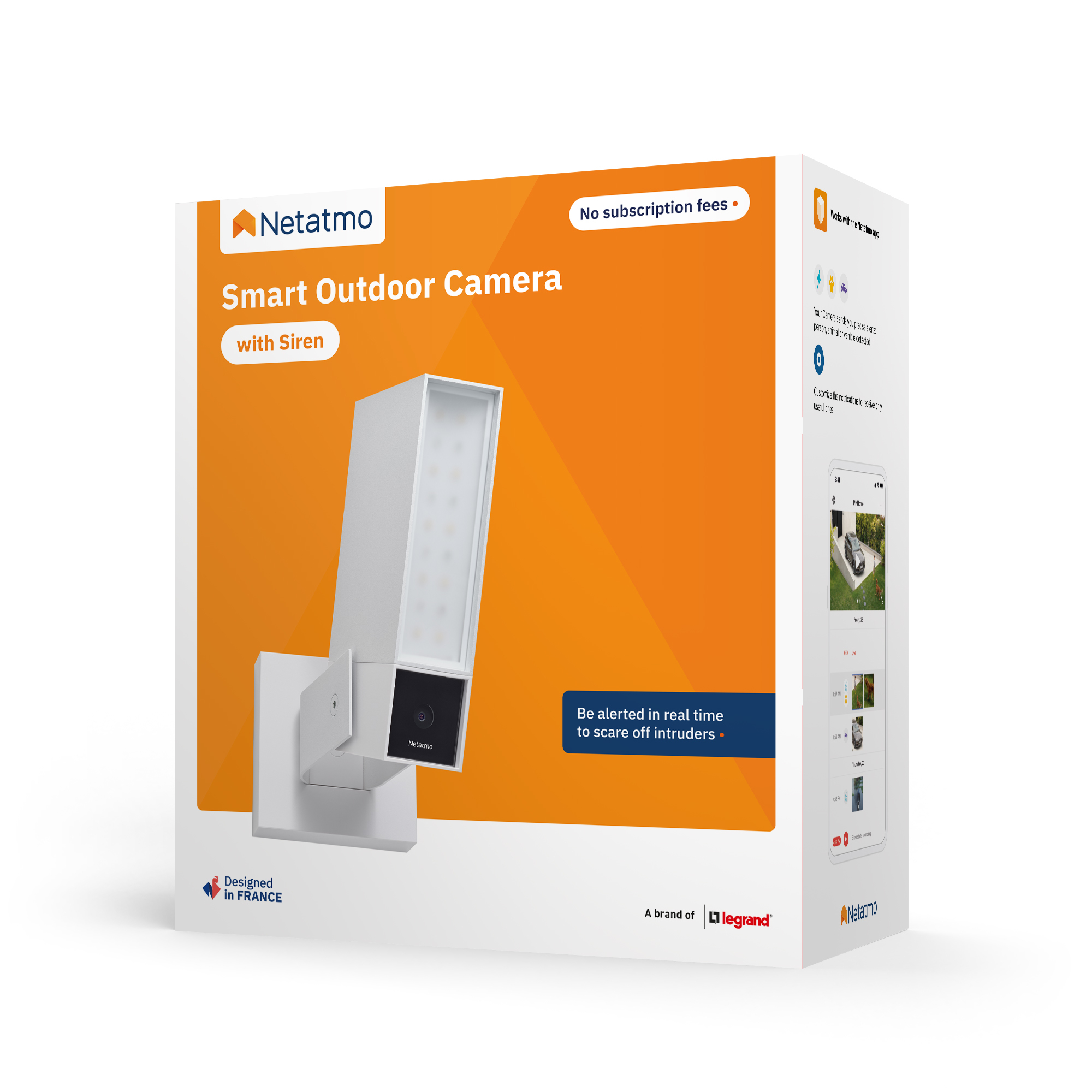Eine Netatmo Smart Outdoor Camera-Box mit Text, Produktbild und Handlungsaufforderung.