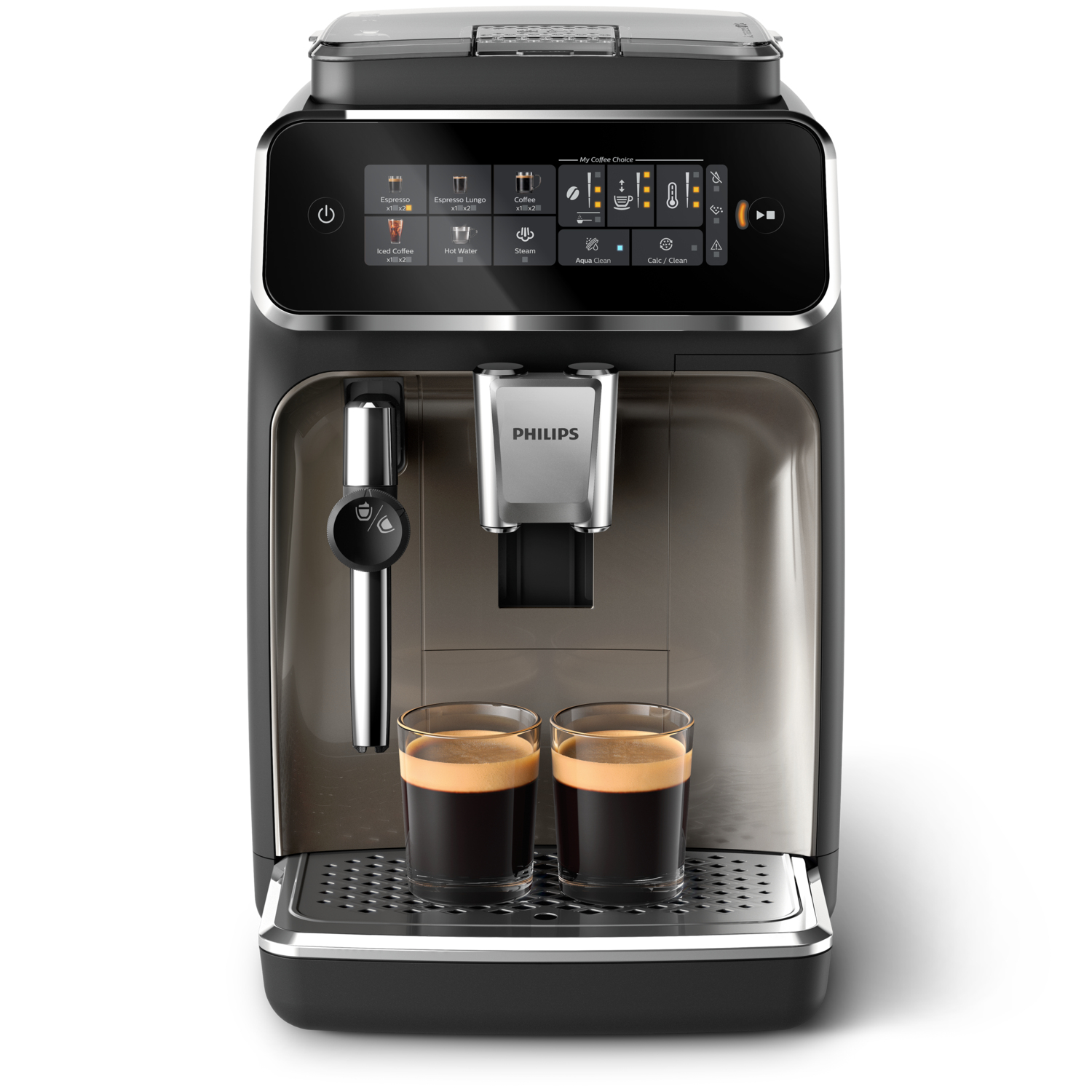 Macchina da caffè Philips nera con due bicchieri di caffè. Un touchscreen e dettagli metallici.