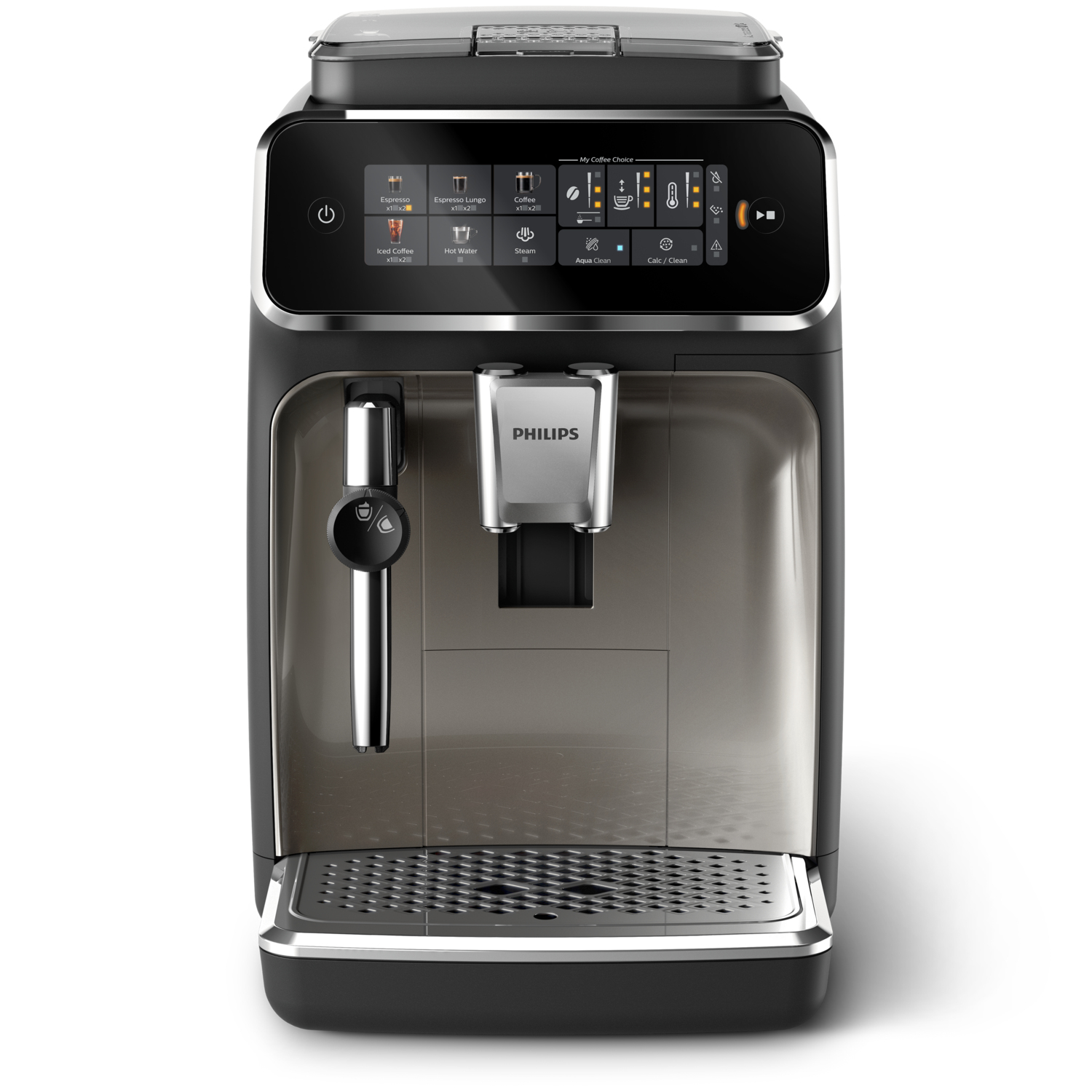 Macchina da caffè nera con touch screen. La macchina ha un beccuccio argentato e una base nera.