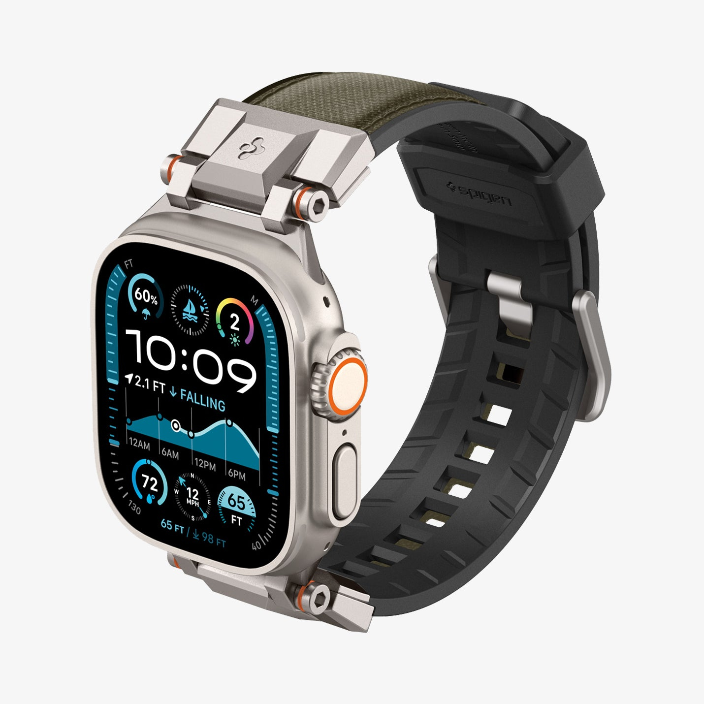 Srebrny smartwatch z czarnym i zielonym paskiem, wyświetlający dane dotyczące czasu i aktywności, z pomarańczowym przyciskiem.