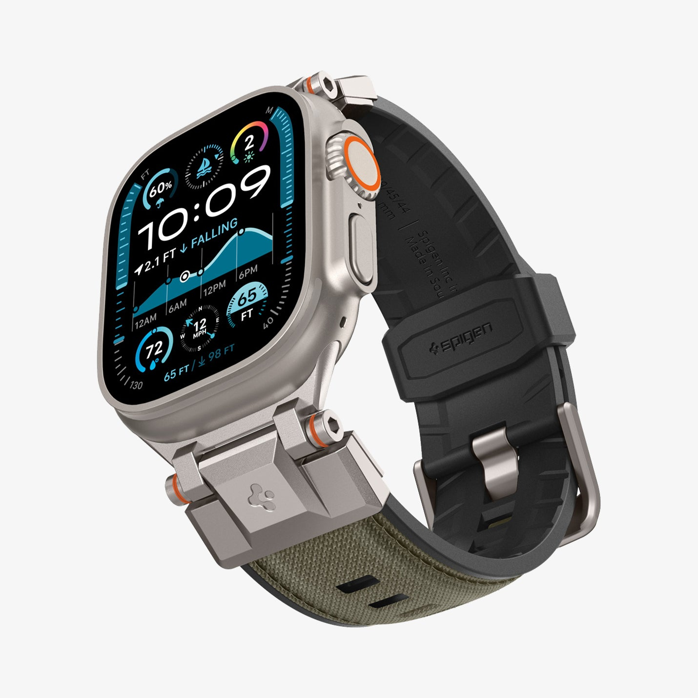 Apple Watch Ultra. Srebrna koperta, czarny i zielony pasek. Wyświetla czas, statystyki i wysokość.