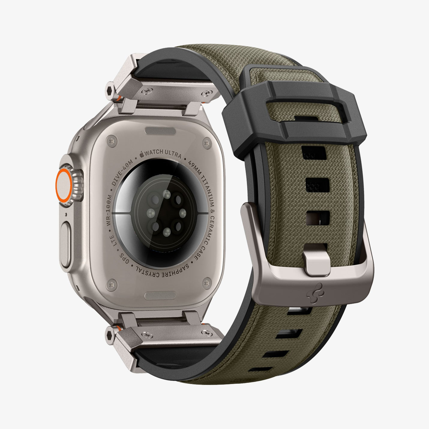 Srebrny Apple Watch Ultra z zielono-czarnym paskiem na białym tle.