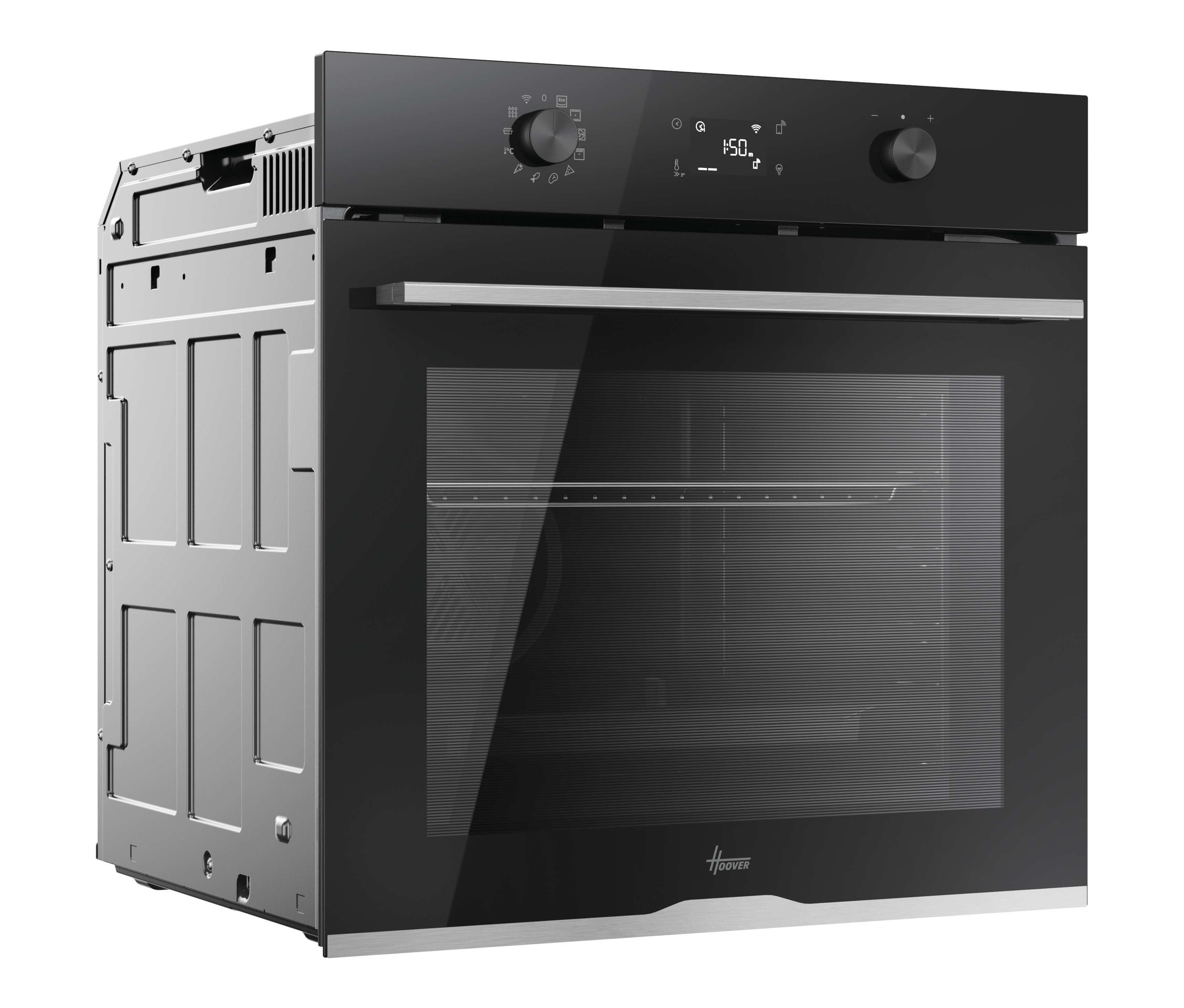 Forno a incasso nero con display digitale, porta a vetro e marchio Hoover.