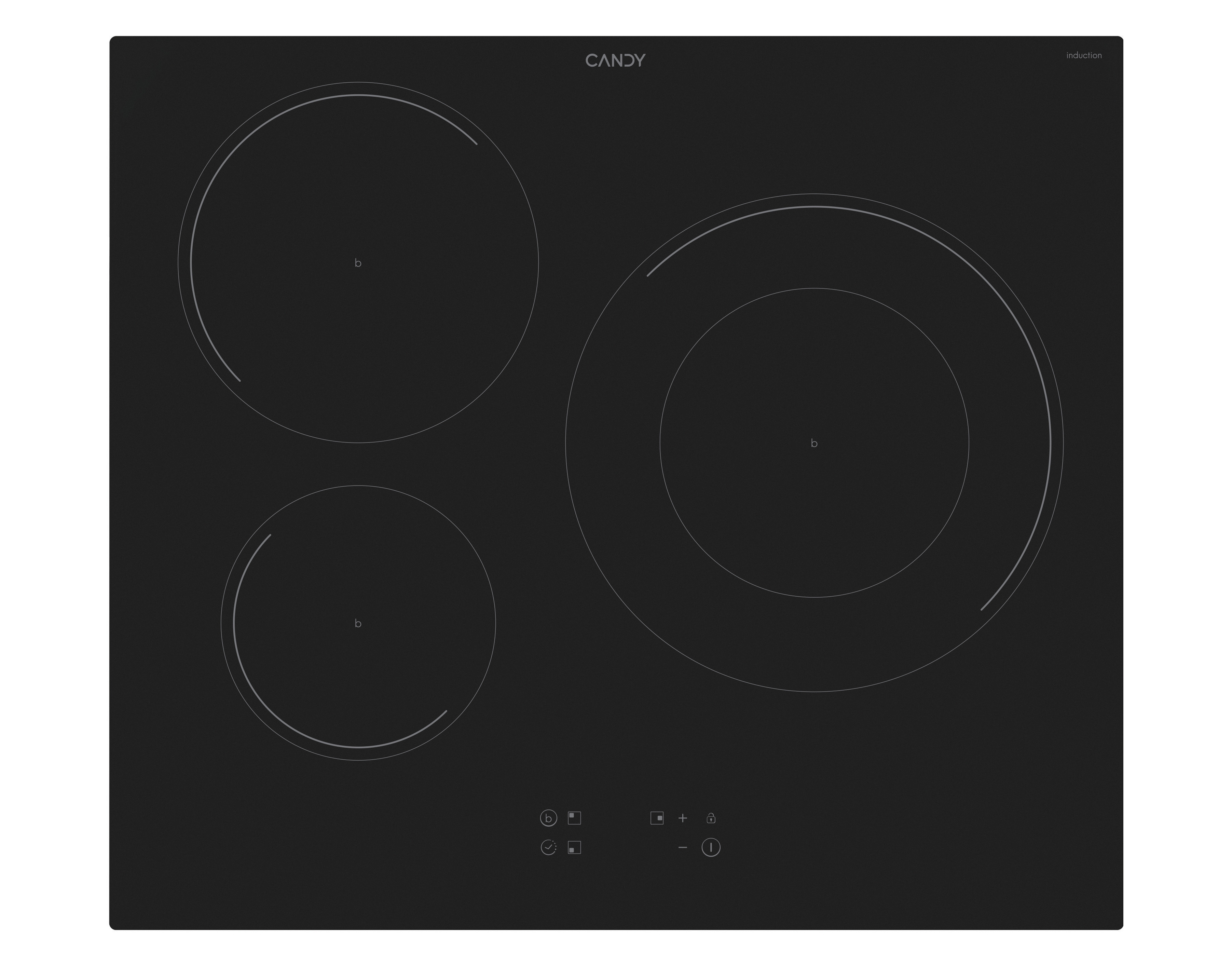 Placa de cocina Candy negra con tres zonas de calentamiento circulares.